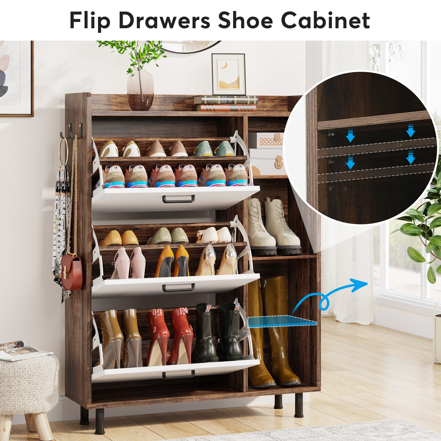 Wooden Shoe Cabinet, Freestanding Shoe Rack with 3 Flip Drawers