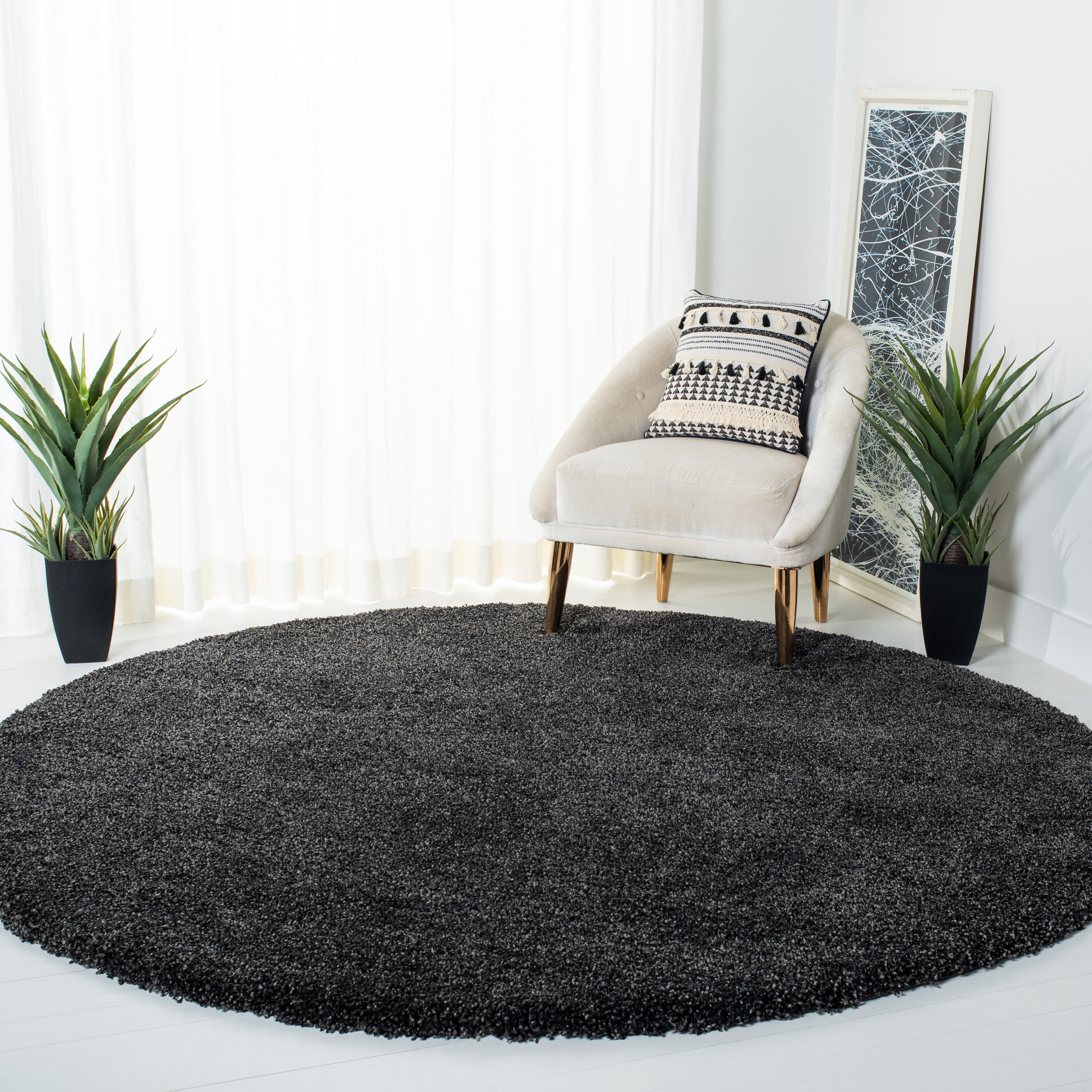Safavieh SG180-8484-7R Milan Shag 7 x 7 (ft) Loomed Polypropylene Dark Gray Round Indoor Solid Area rug