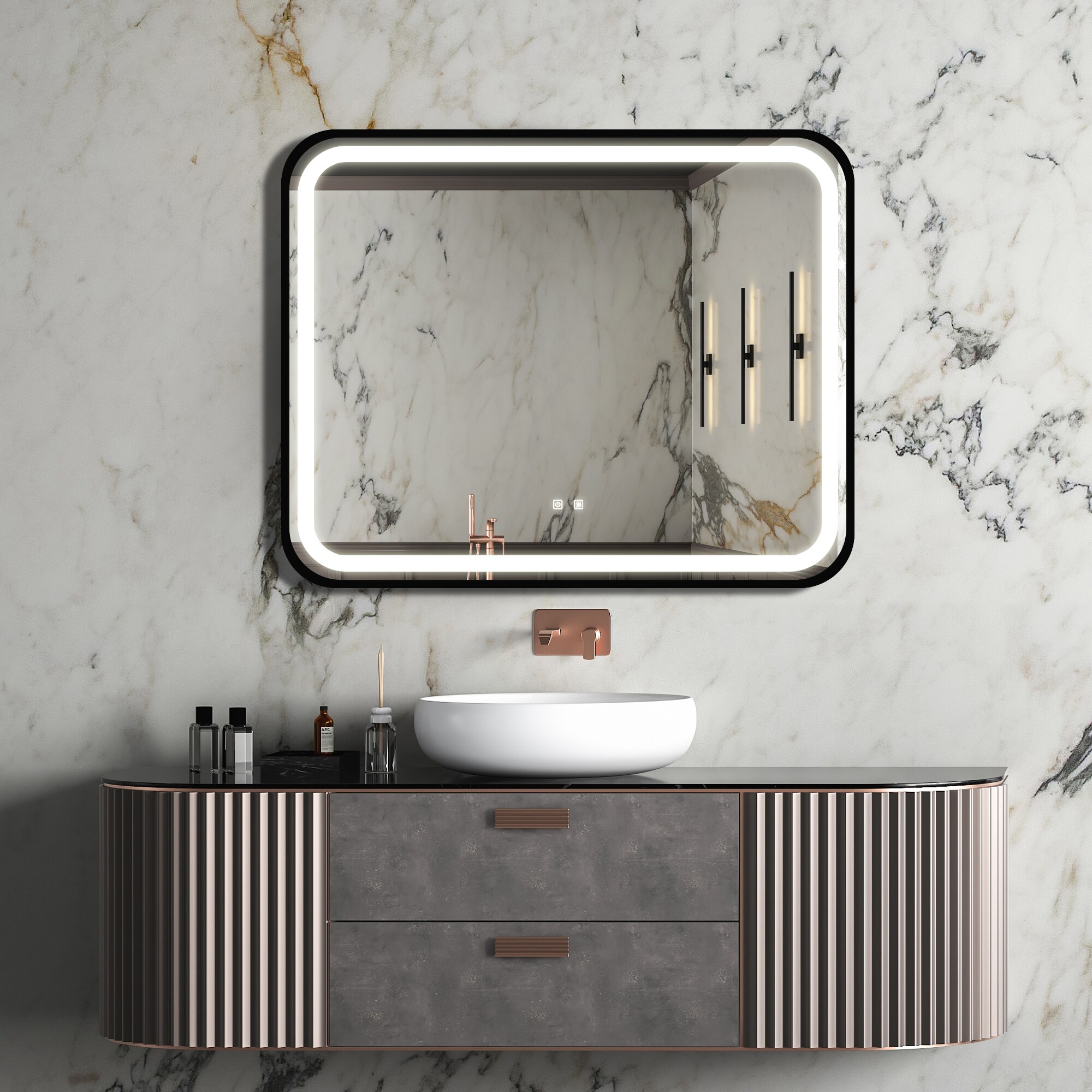 Forclover WBSGO4028 40-in x 32-in Framed Rectangle Dimmable LED Lighted Fog Free Bathroom Vanity Mirror ( Black )
