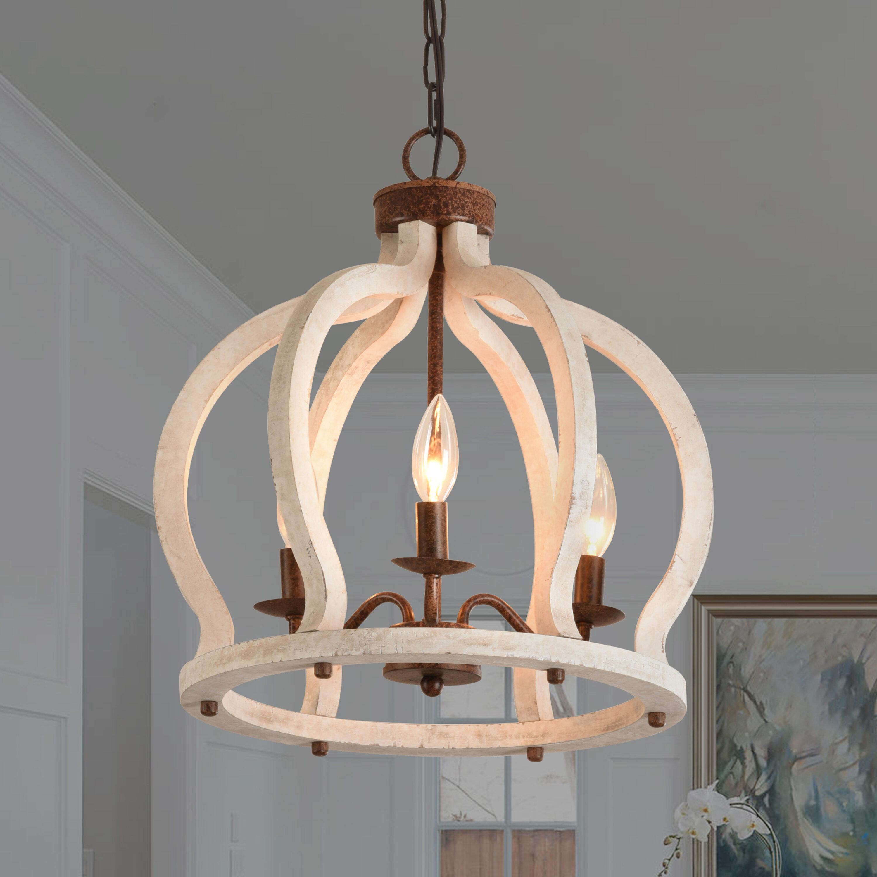 Oaks Decor Farmhouse Wood Chandelier 3 Light Distressed Off White   61032774 