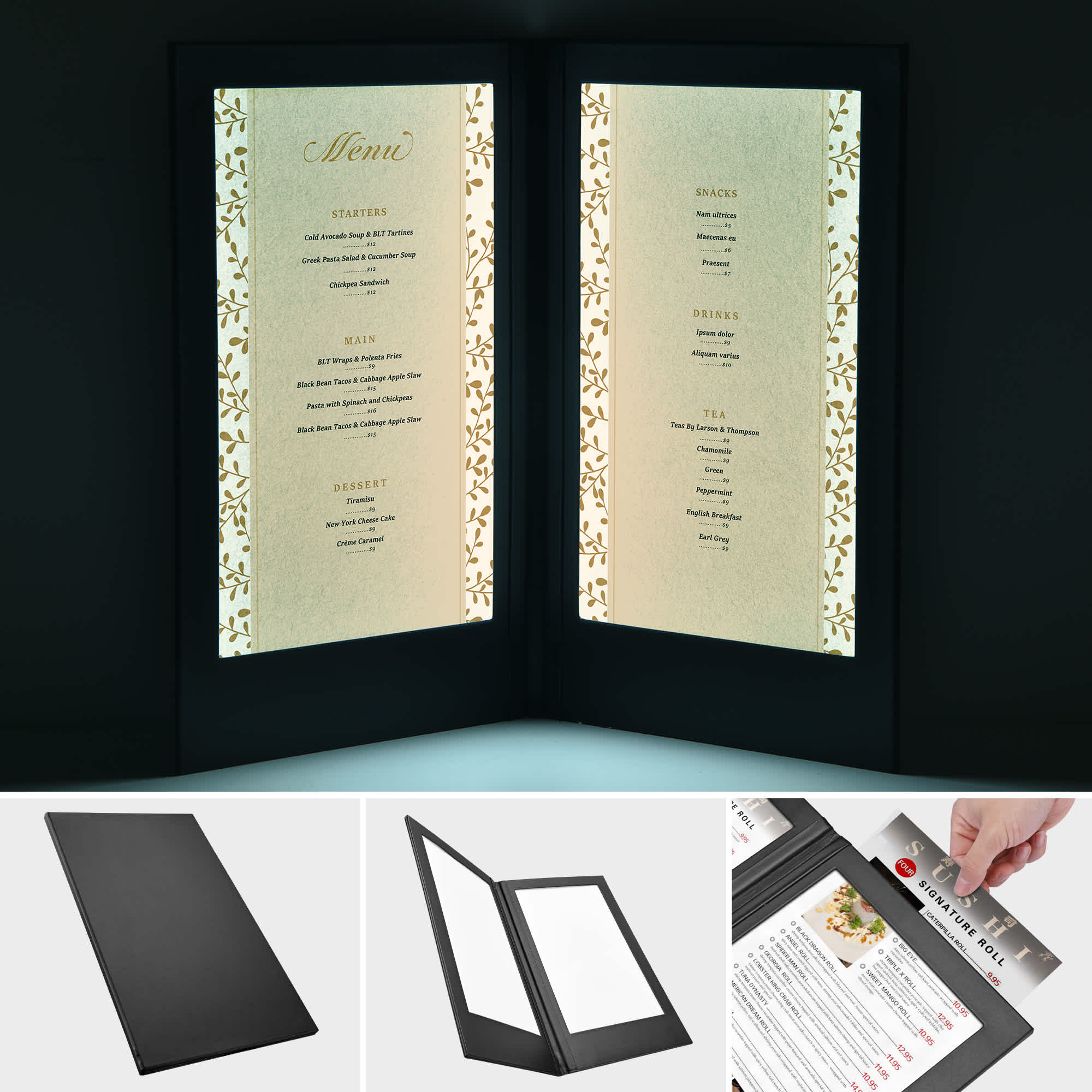 Yescom 26MNC012-L8X14D-LO WeChef LED Back Lit Light Menu Holder Cover Folding Double Panel Fits 8x14IN Paper for Hotel Club