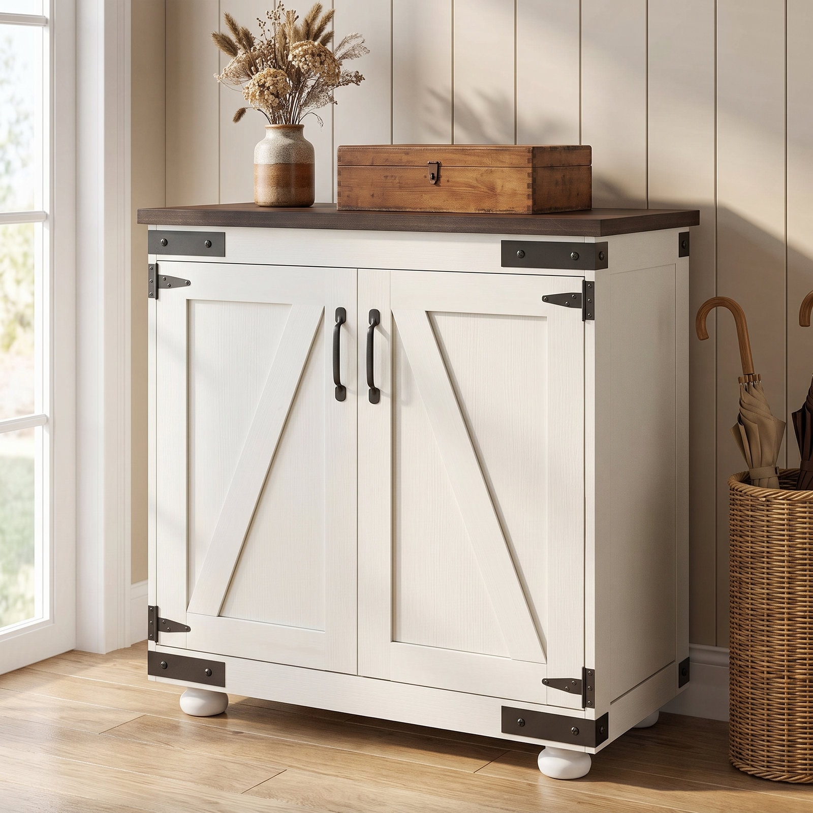 SunJet Kitchen Sideboard Buffet Cabinet with Barn Door Adjustable Shelf and Distressed White Finish Brown Top