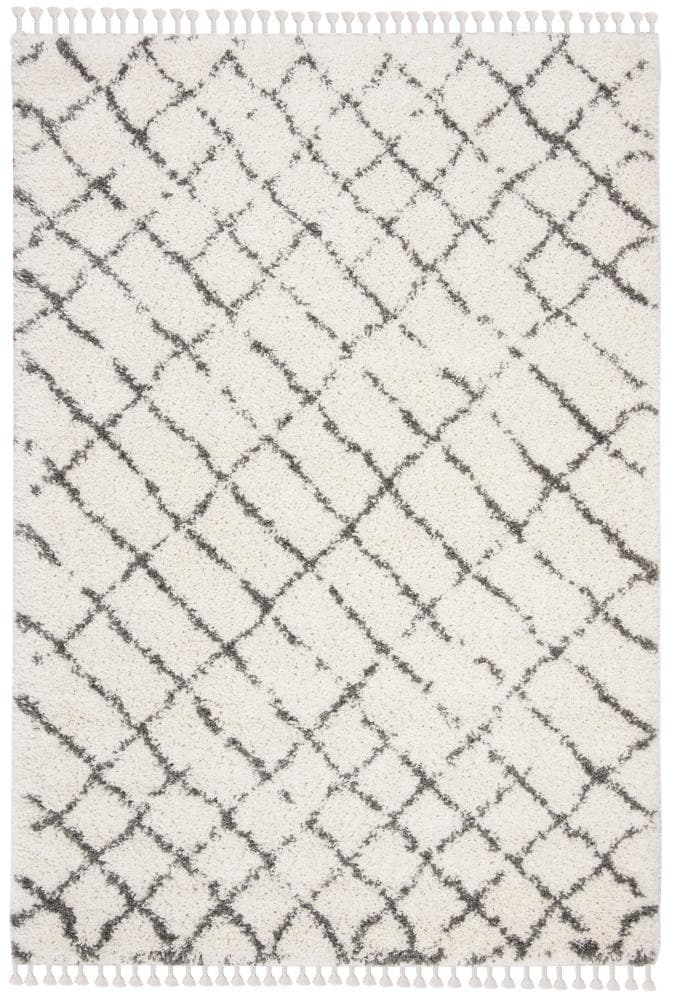 Safavieh MFG329A-8 Moroccan Fringe Bani Shag 8 x 10 (ft) Loomed Polypropylene Ivory/Gray Rectangular Indoor Trellis Moroccan Area rug