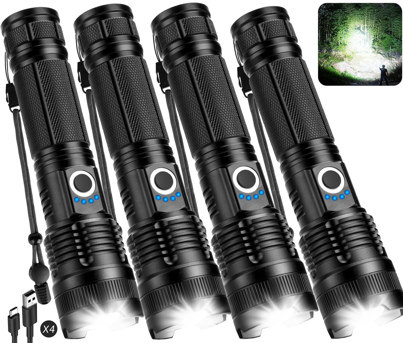 Oyezvary  4 Pack Rechargeable LED Flashlights 90000 Lumens 5 Light Modes Adjustable Beam IPX7 Waterproof Handheld for Home Camping Outdoor