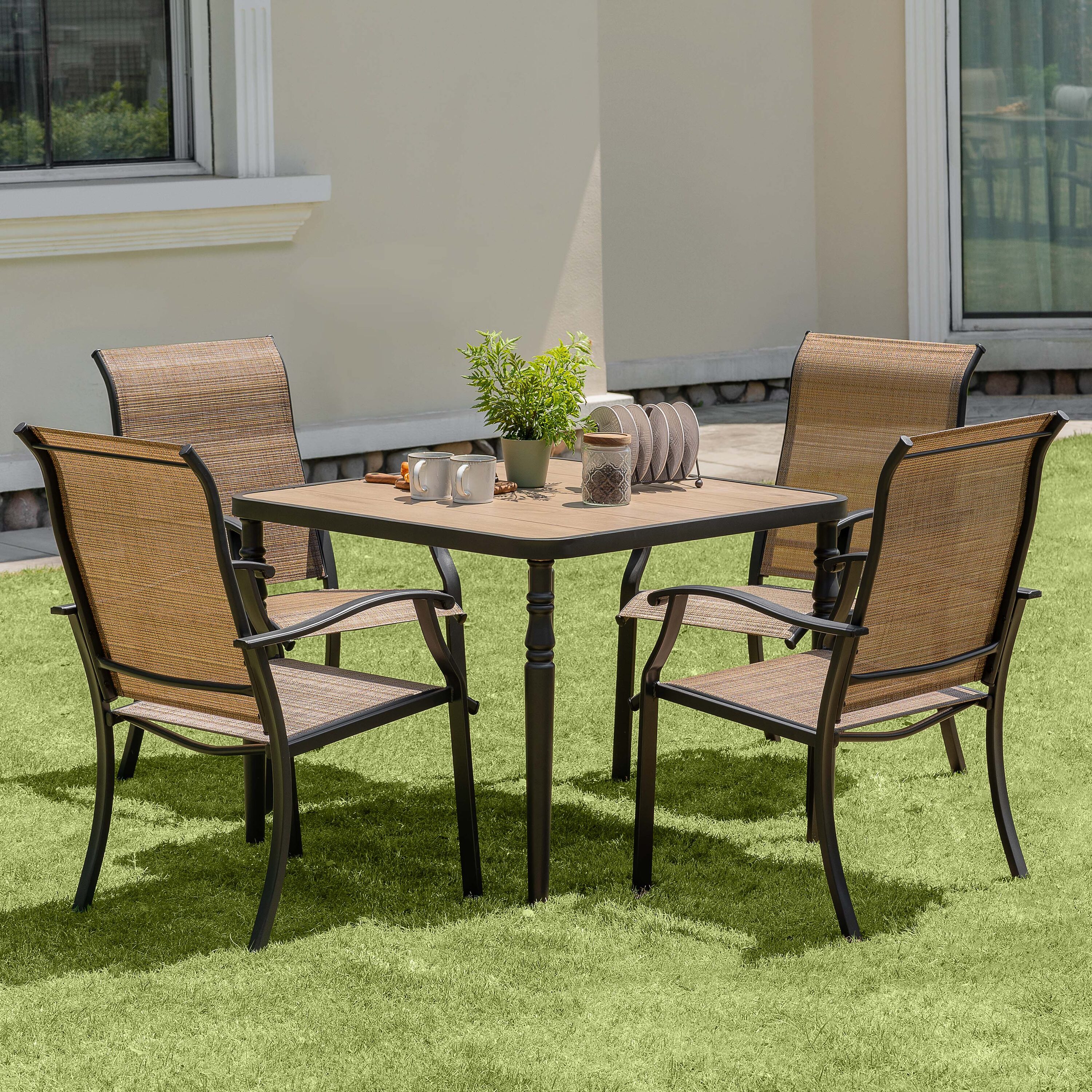 Nuu Garden SID001-T322 5 -Piece Black Patio Dining Set Iron Square Table with 4 Brown Stationary Chairs