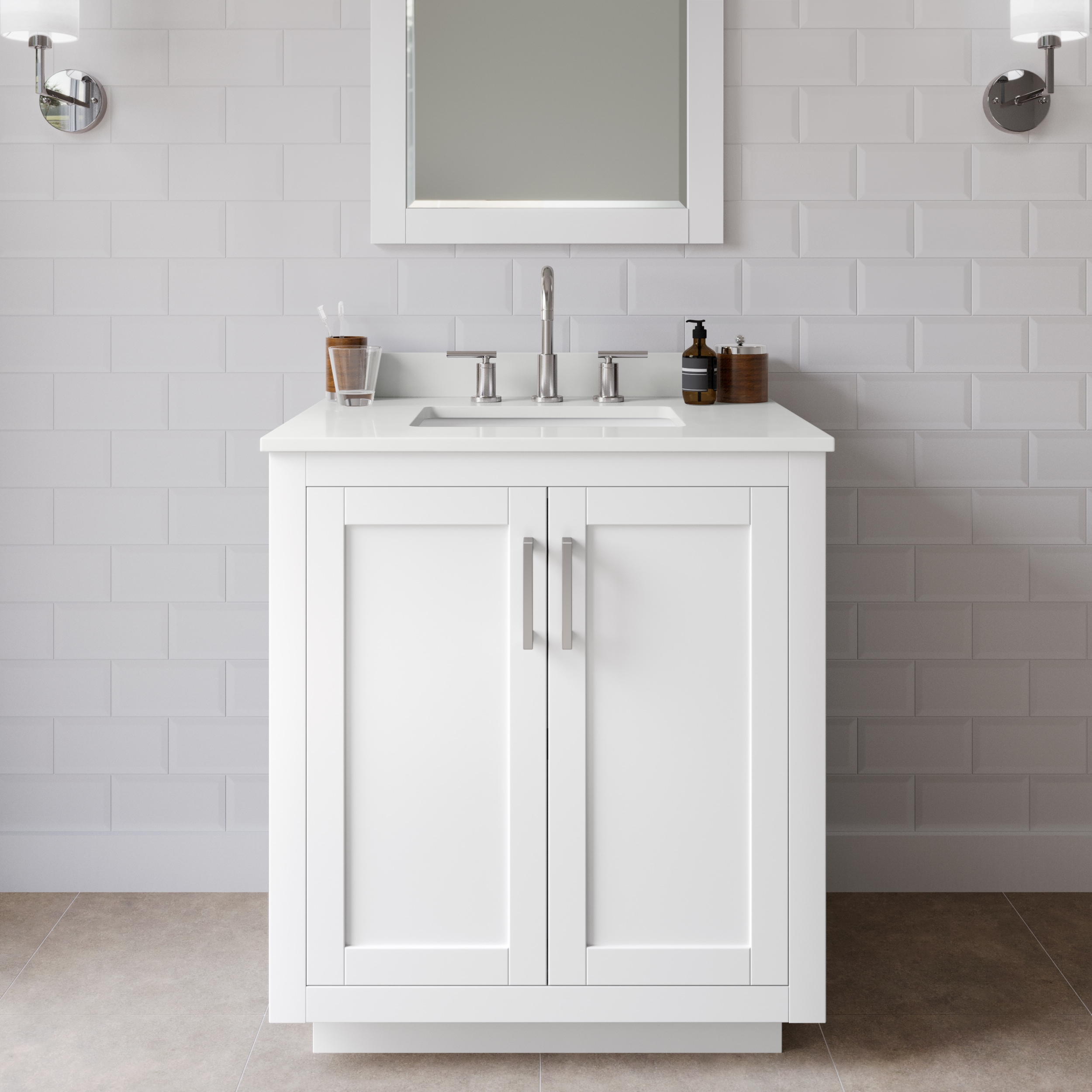 Wyndham Collection WCF292930SWHWQUS3MXX Miranda 30-in White Undermount Single Sink Bathroom Vanity with White Quartz Top