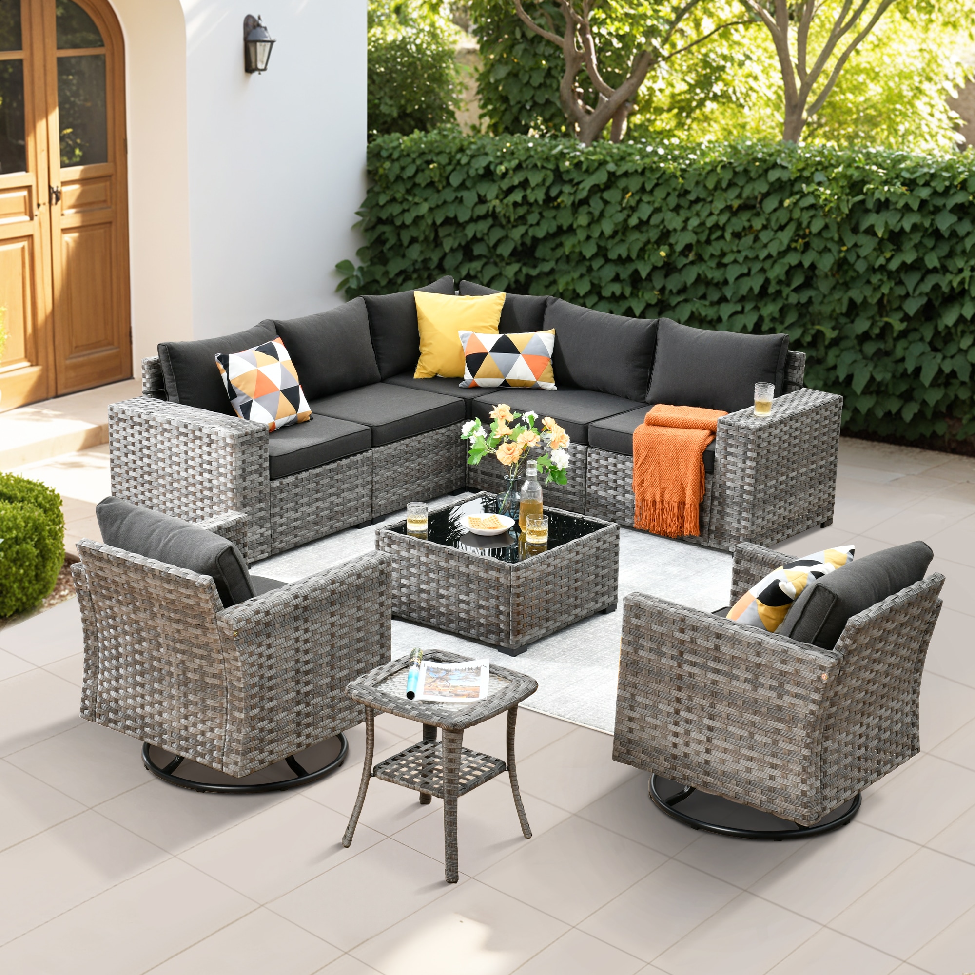 Ovios KFS100Y Shine Wicker Outdoor Sectional with Black Cushions and Iron Frame