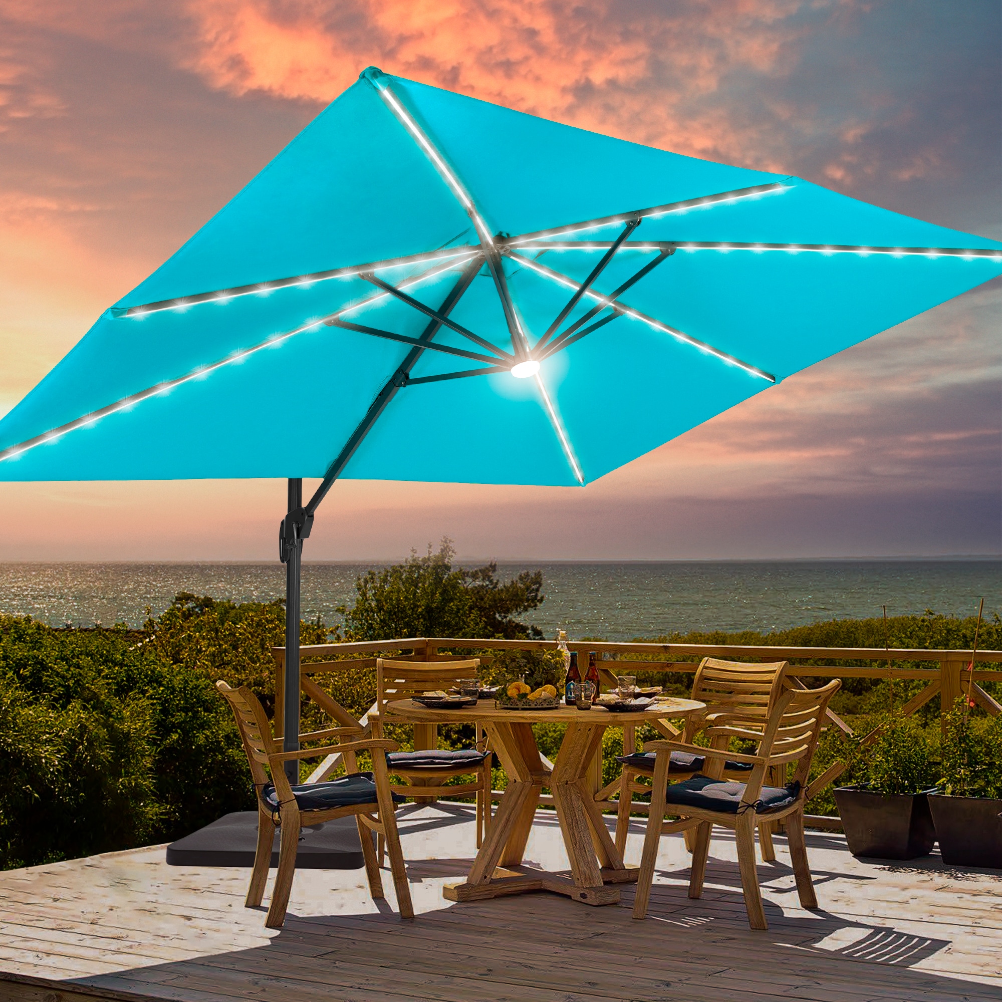 light blue patio umbrella with lights Best Choice Products 10ft 3-Tier Solar w/ 24 LED Lights, Tilt Adjustment, Easy Crank Our umbrella made of polyester fiber which waterproof UV resistant Scafild | 7.5 ft Solar