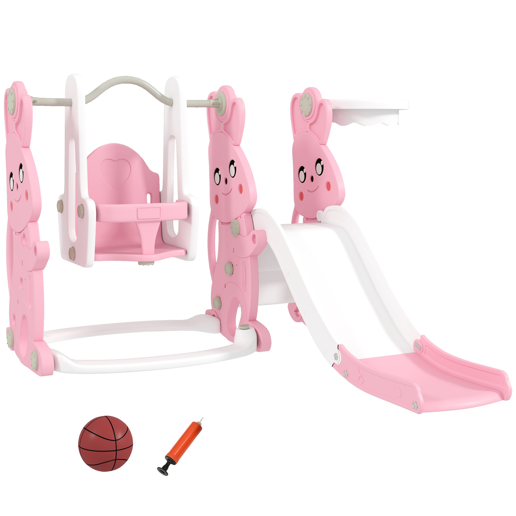 Tinyhomie - 4 in 1 Toddler Slide and Swing Set with Climber Basketball Hoop Rabbit Themed Kids Pl...