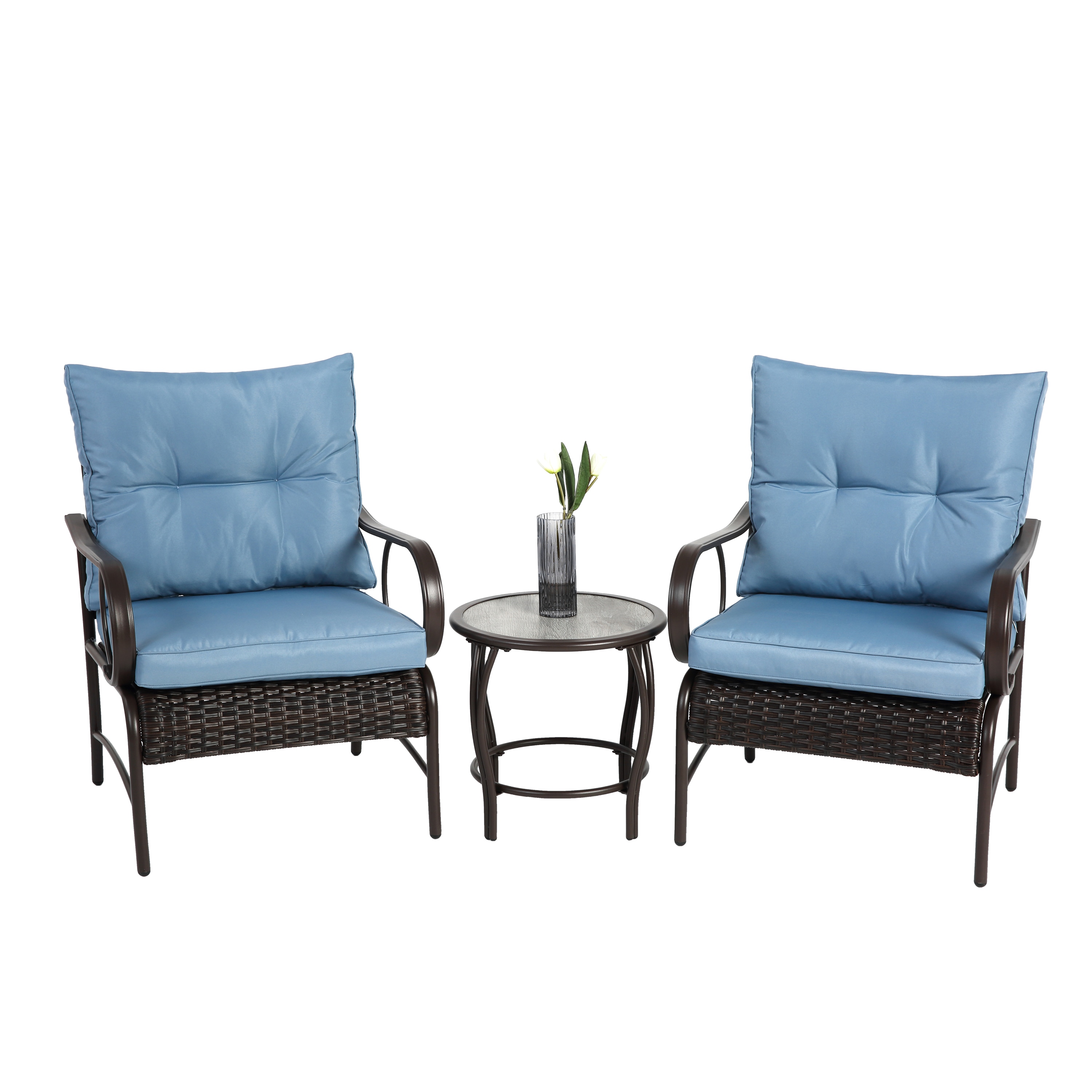 AHIOU HOME ZAAHG-P256776PS Alton 3 -Piece Rattan Patio Conversation Set with Blue Cushions