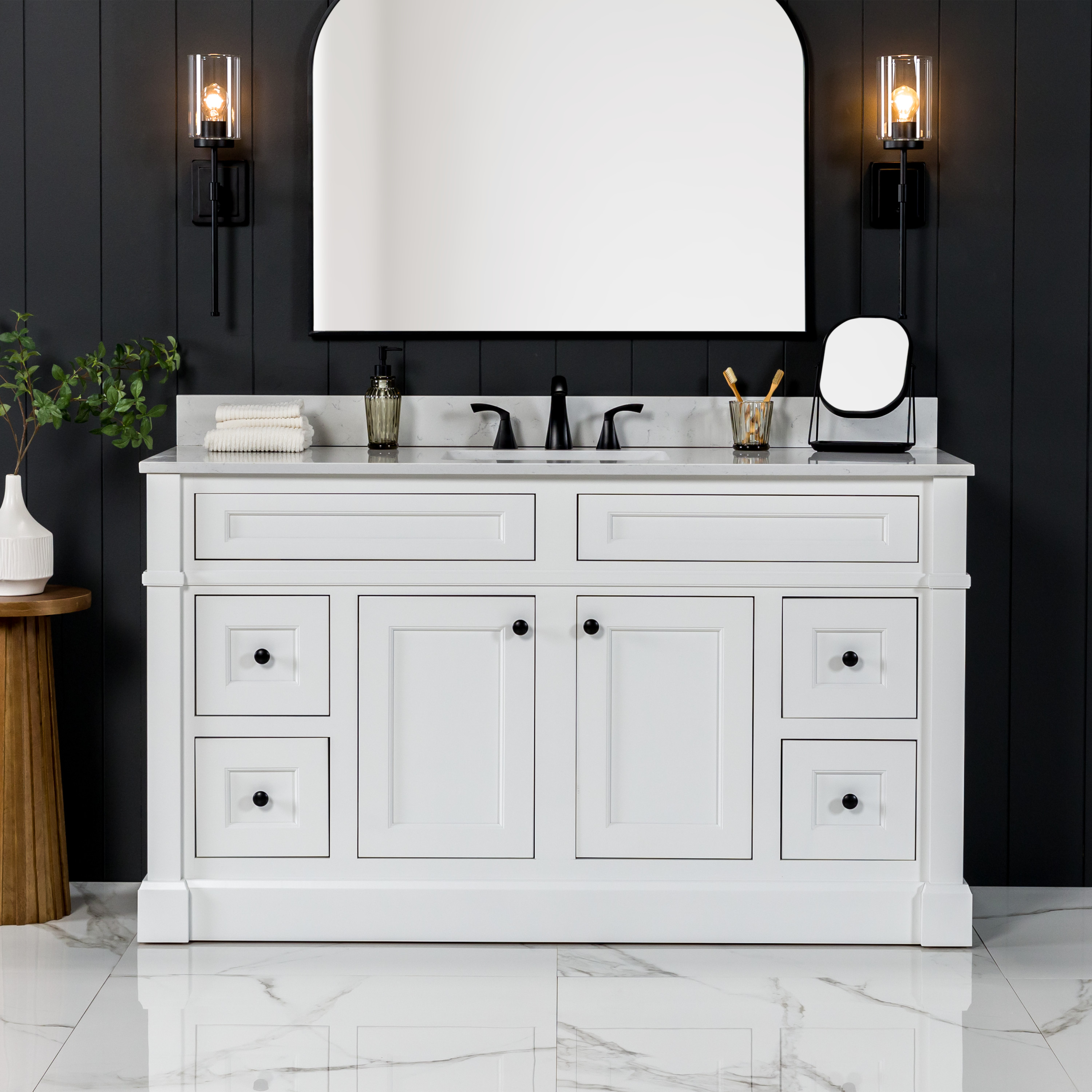 Diamond C60W30356 Rhaelen 60-in Satin White Undermount Single sink Bathroom Vanity with Mineral White Quartz Top