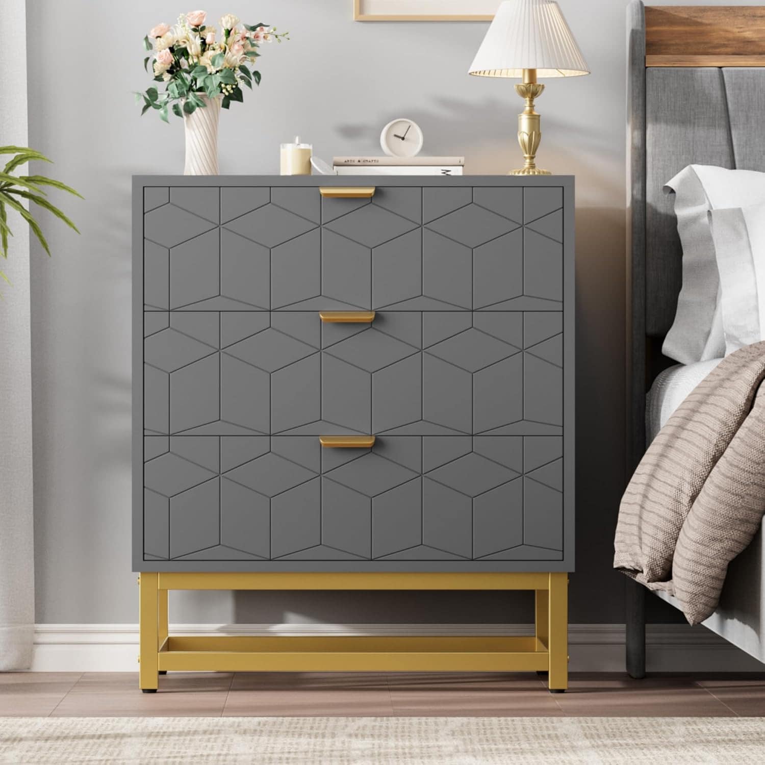 Qeetex GG-W546F048 Modern 3 Drawer Dresser Wide Chest with Gold Metal Legs and Handles Wood Storage Organizer for Bedroom Living Room Hallway Grey