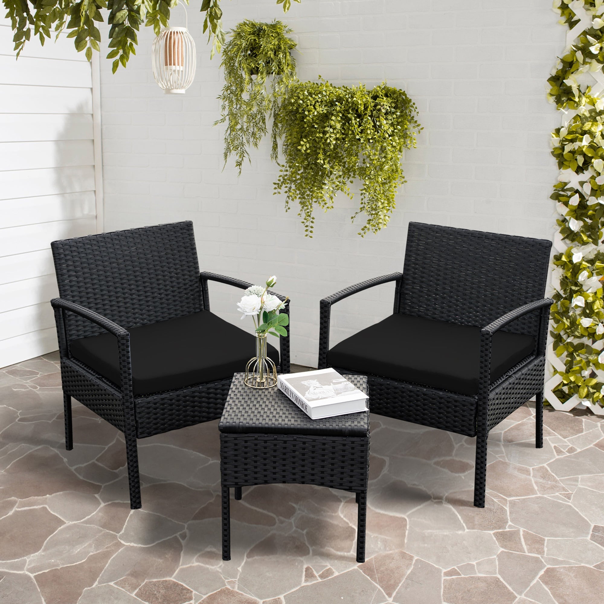 Grearden HZ012-BK-NF 3 -Piece Wicker Patio Conversation Set with Black Cushions