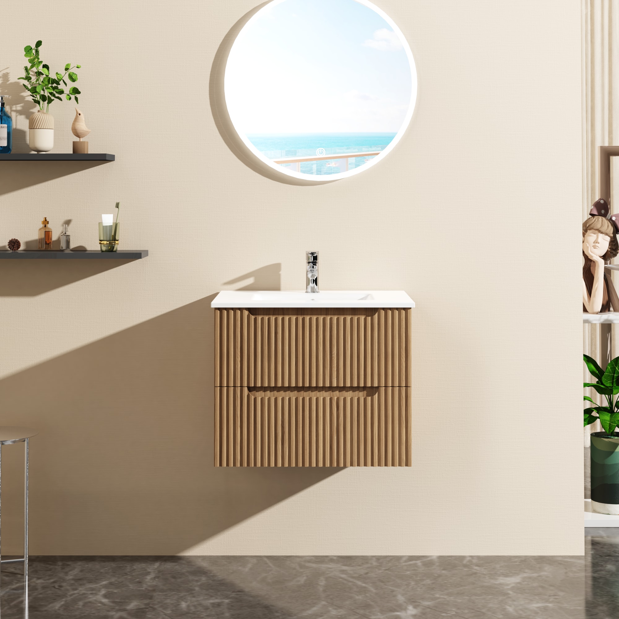 Vanityfus 24 Inch Wall-Mount Bathroom Vanity Cabinet with White Basin Sink Combo Floating Vanity exclude Faucet-Walnut