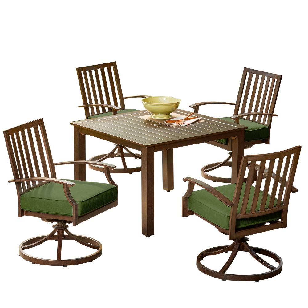 Royal Garden LAKDST502 Forest Glen 5 -Piece Brown Woodgrain Patio Dining Set Aluminum Square Table with 4 Green Cushions Swivel Chairs