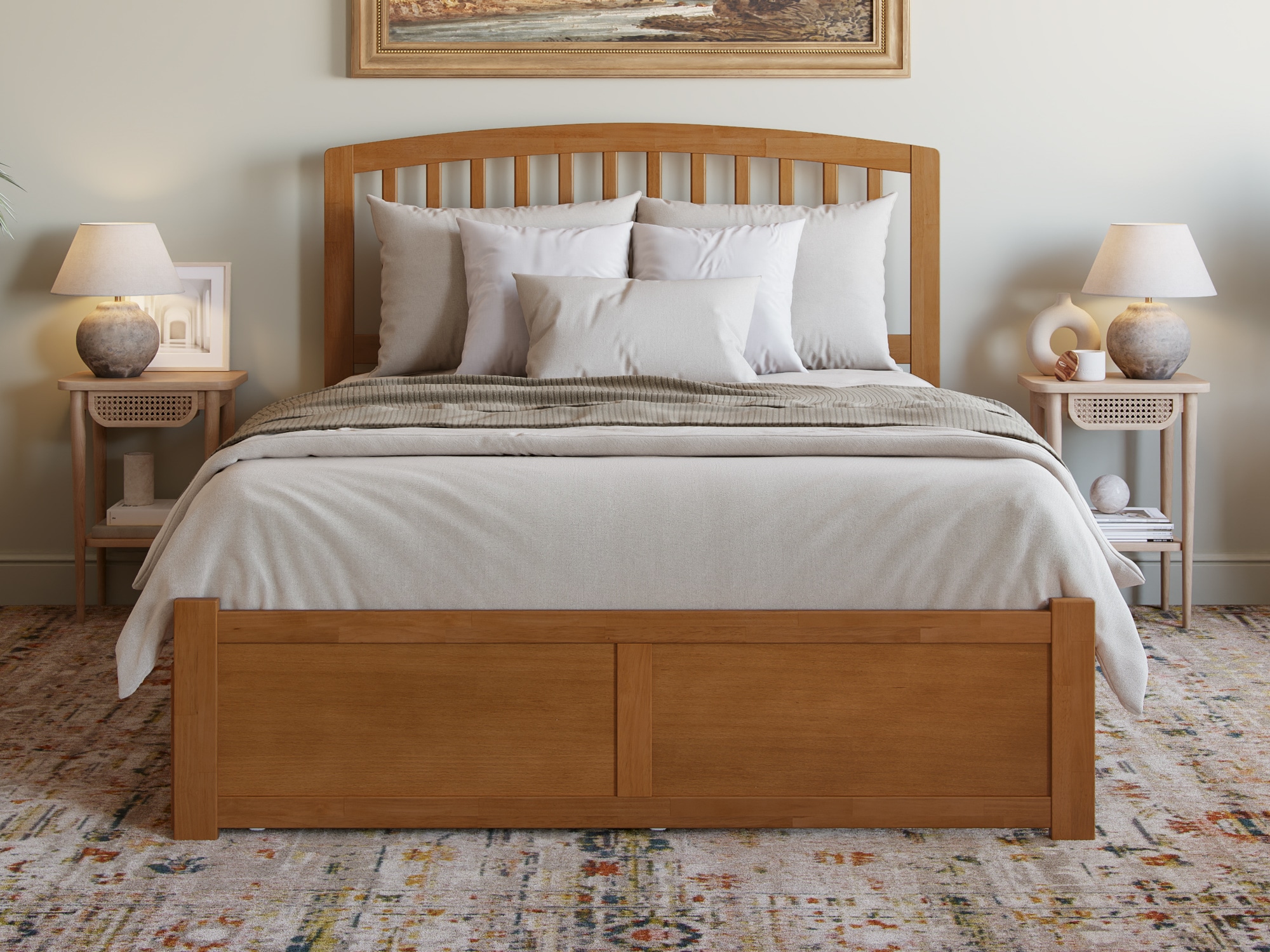 Light Toffee Queen Wood Platform Bed with Slatted Headboard