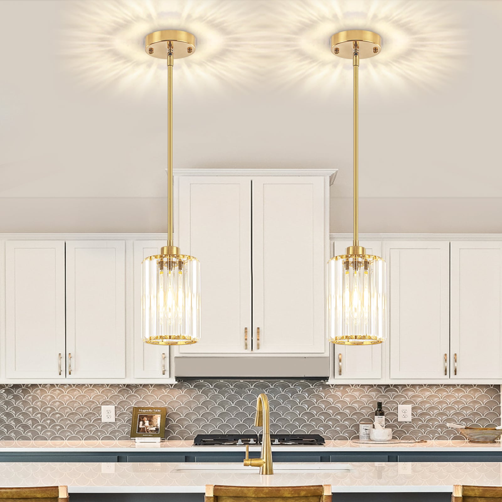 ZSMIHDOH 2 -Light Brushed Gold Modern/contemporary Crystal Cylinder Hanging Pendant Light