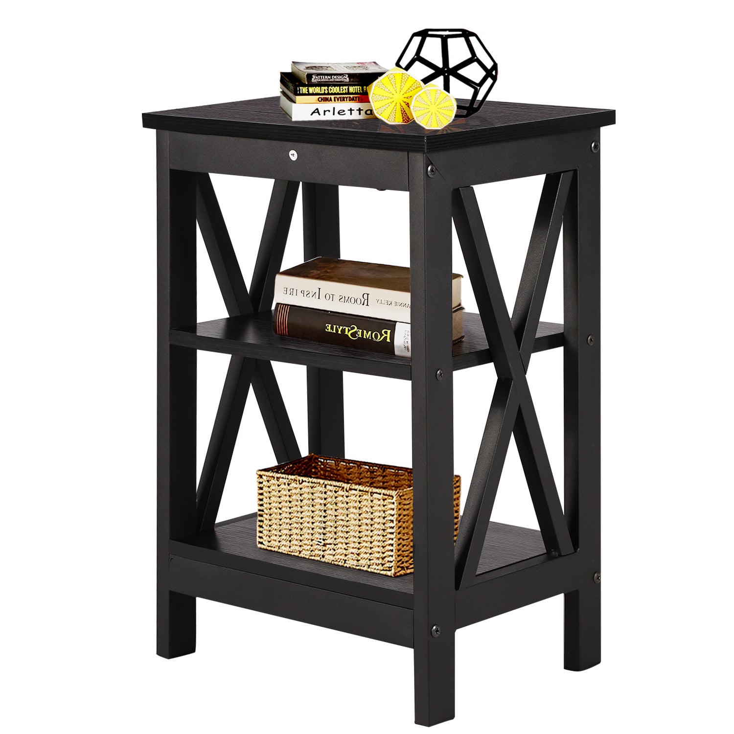 Vecelo LOE-DC-T06-BLACK Black Nightstand Beside Table End Table with Storage Shelf Nightstands for Living Room Bedroom