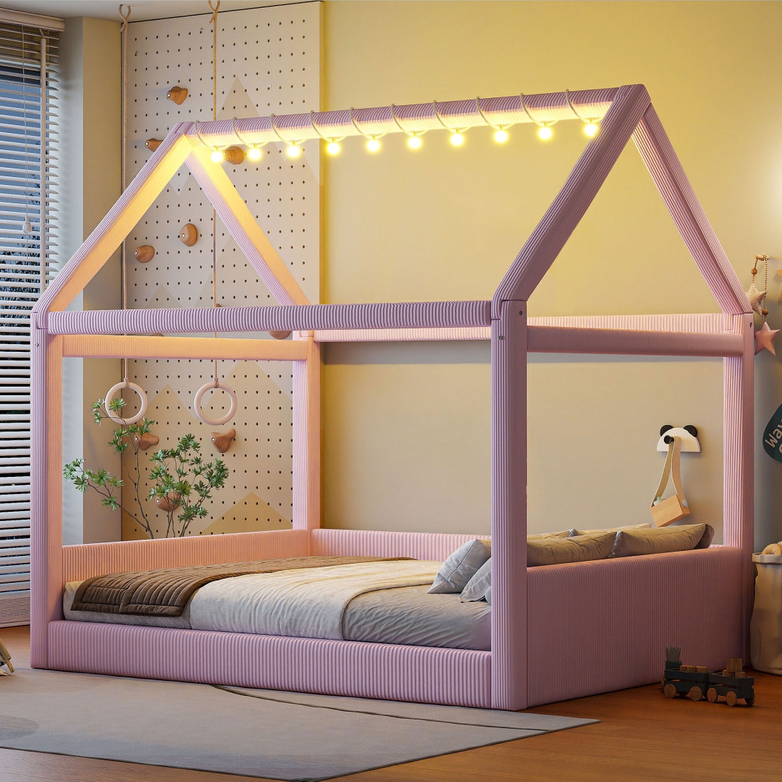 CHITA Full Size Modern Fabric Upholstered Wood Daybed with LED Lights Headboard for Bedroom Guest Room and Small Spaces Pink
