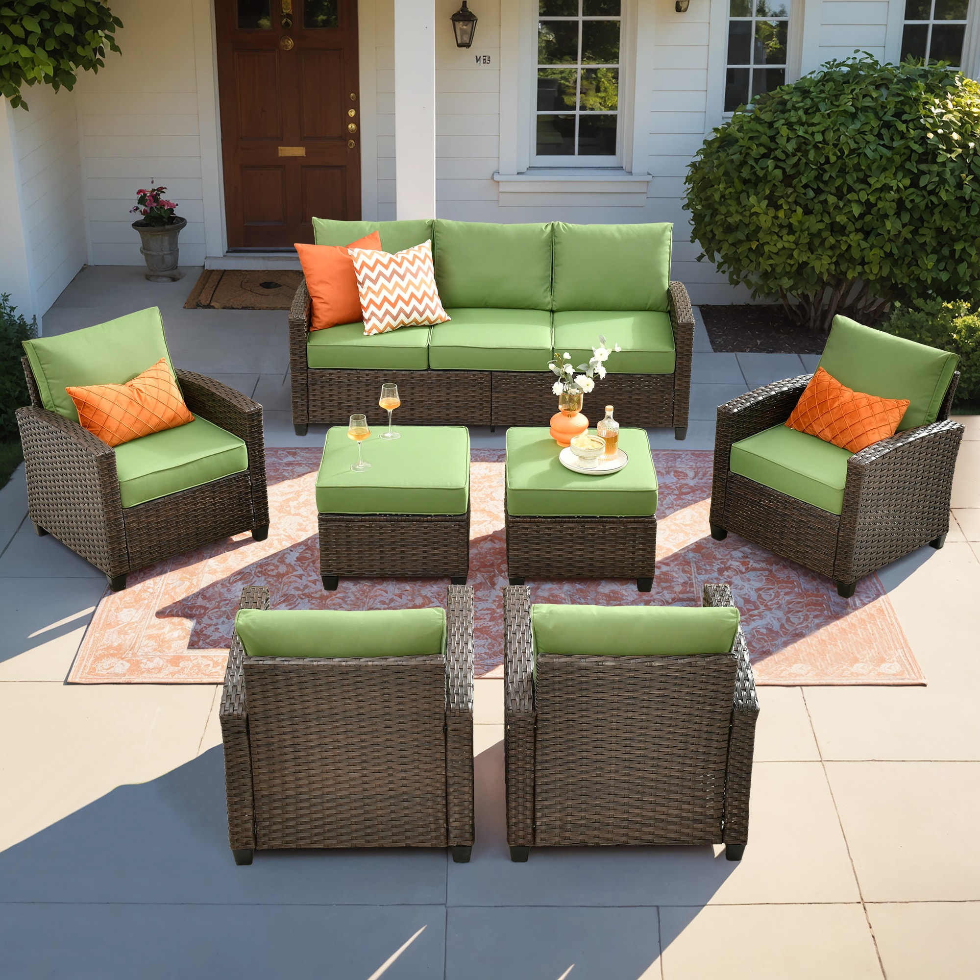 weaxty HMBZTPRS907 Gem 7-Piece Wicker Patio Sofa Conversation Set with Green Cushions