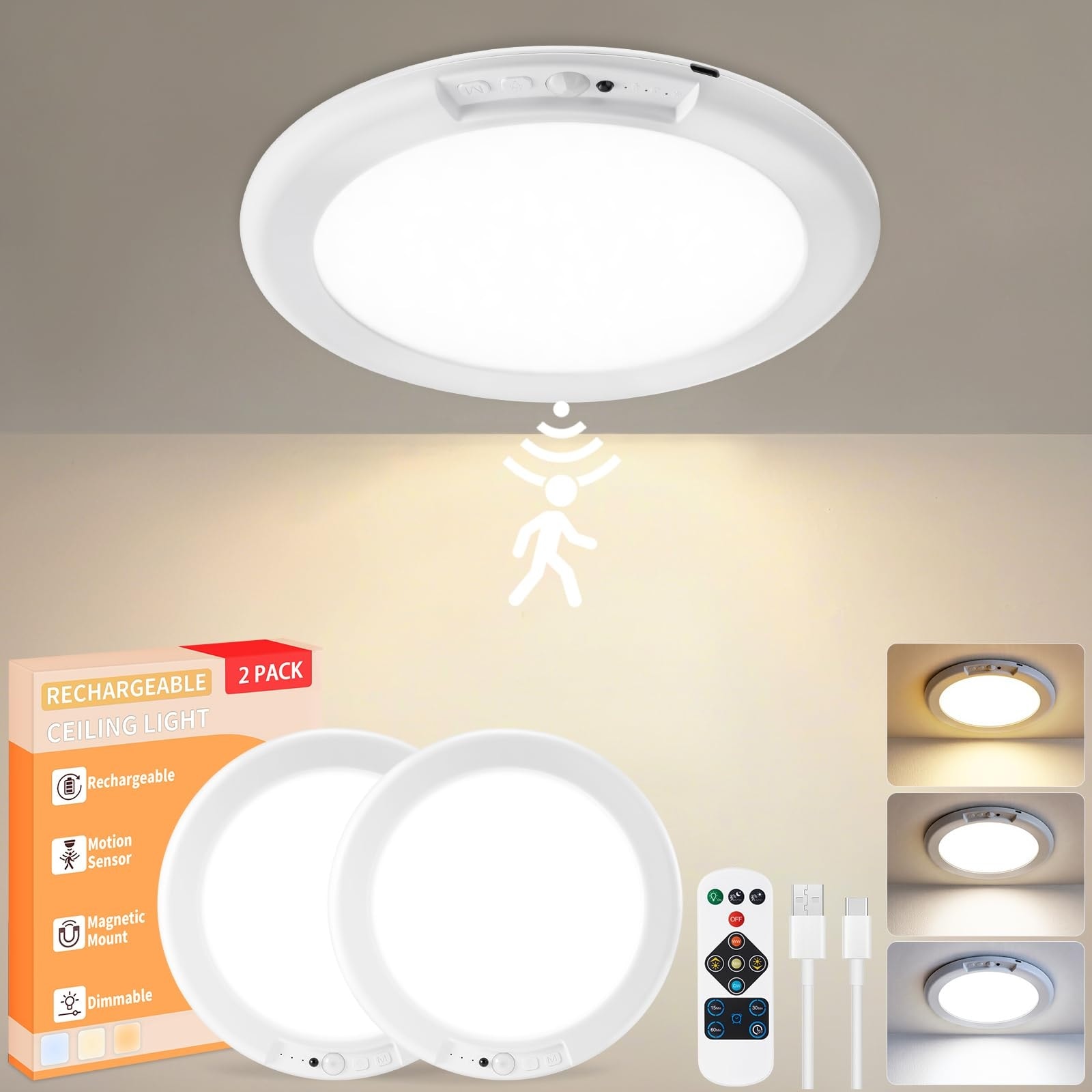 Oyezvary  2 Pack Rechargeable Motion Sensor Ceiling Light with Remote 3 Color Dimmable Magnetic Mount Wireless LED for Closet Pantry Shed Hallway