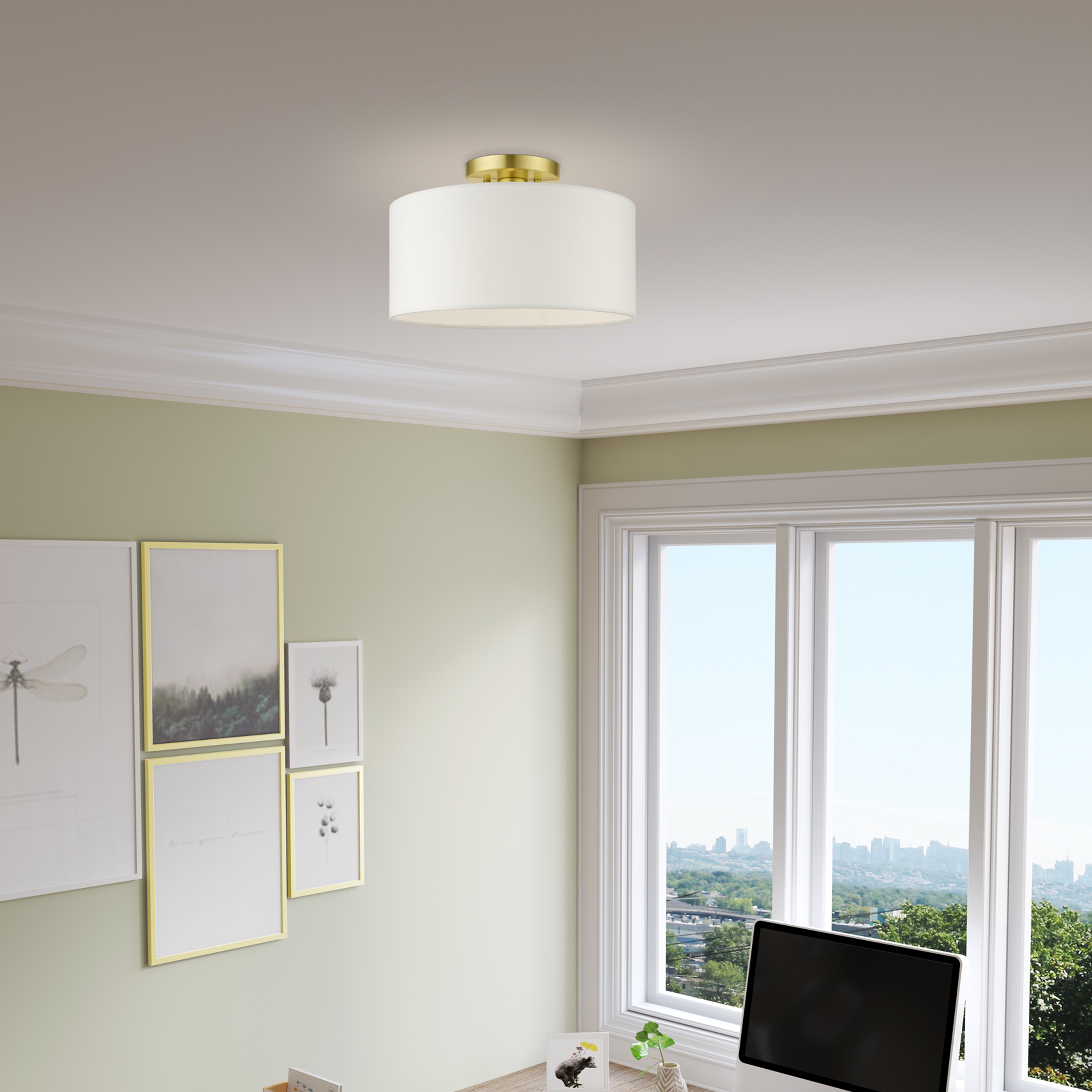 Meridian Satin Brass 13" Drum LED Semi-Flush Mount