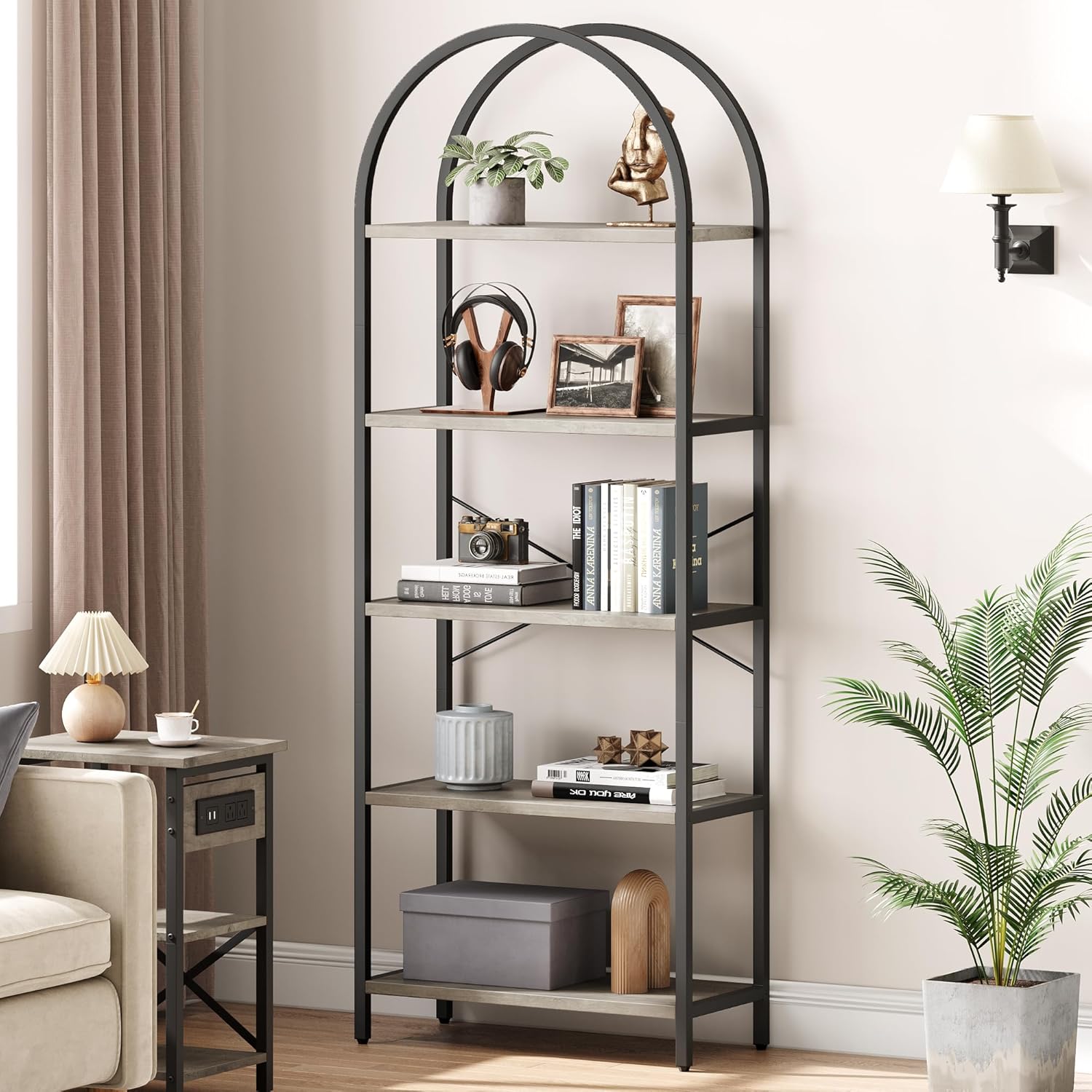 Qeetex LHF-SJ-PHO-0X5U22HB Arched Bookshelf 5 Tier Bookcase Display Racks Tall Bookshelves Modern Storage Rack Shelf Large Wood Book Shelf for Bedroom/Living Room/Home/Office - Gray