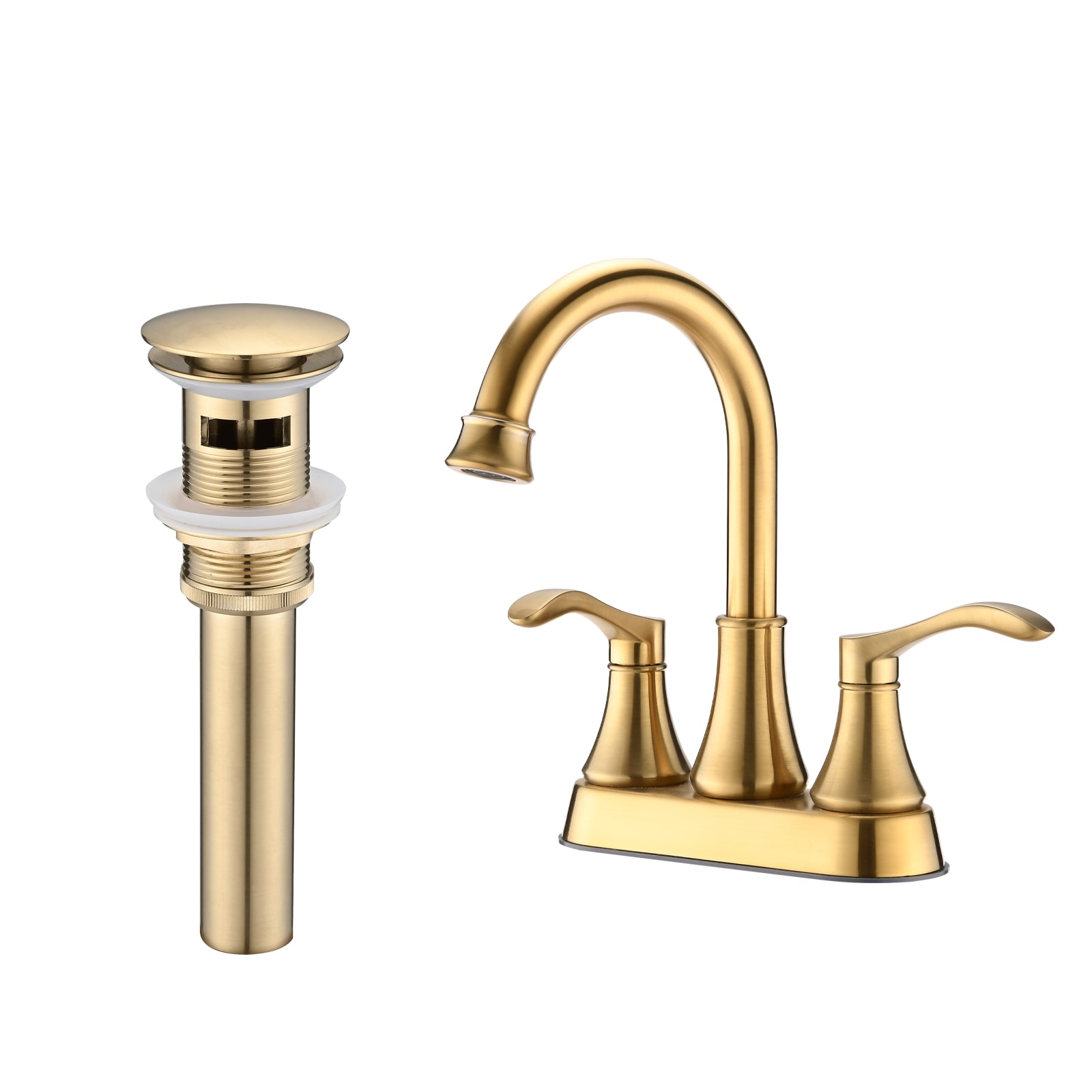 BEARSOLIM Brushed gold 4-inch center-pitch bathroom faucet with 360-degree rotating spout and pop-up drain.