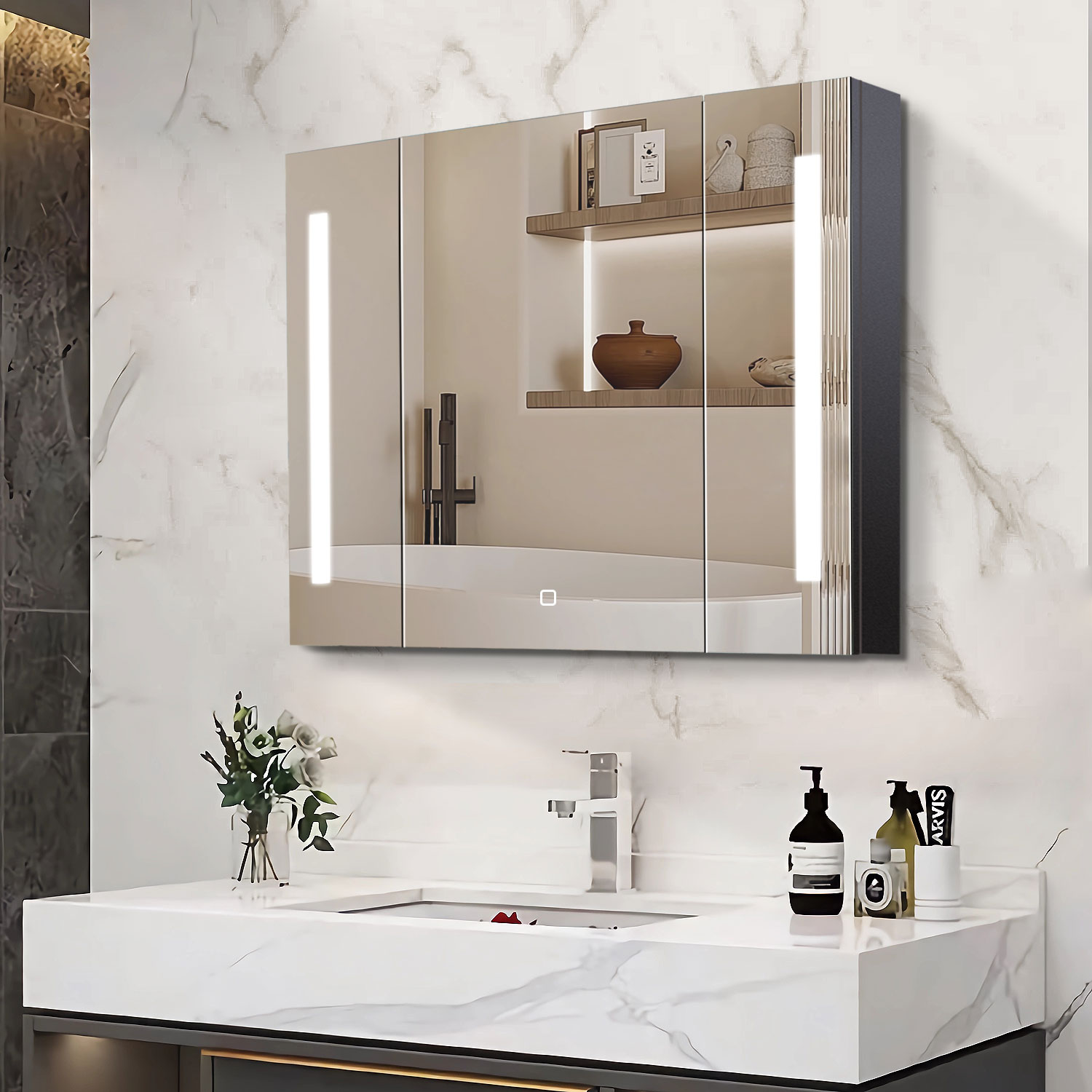 WELLFOR NIE-FR67375 36-Inches x 26-Inches Lighted LED Fog Free Surface Mount Black Mirrored Rectangle Medicine Cabinet