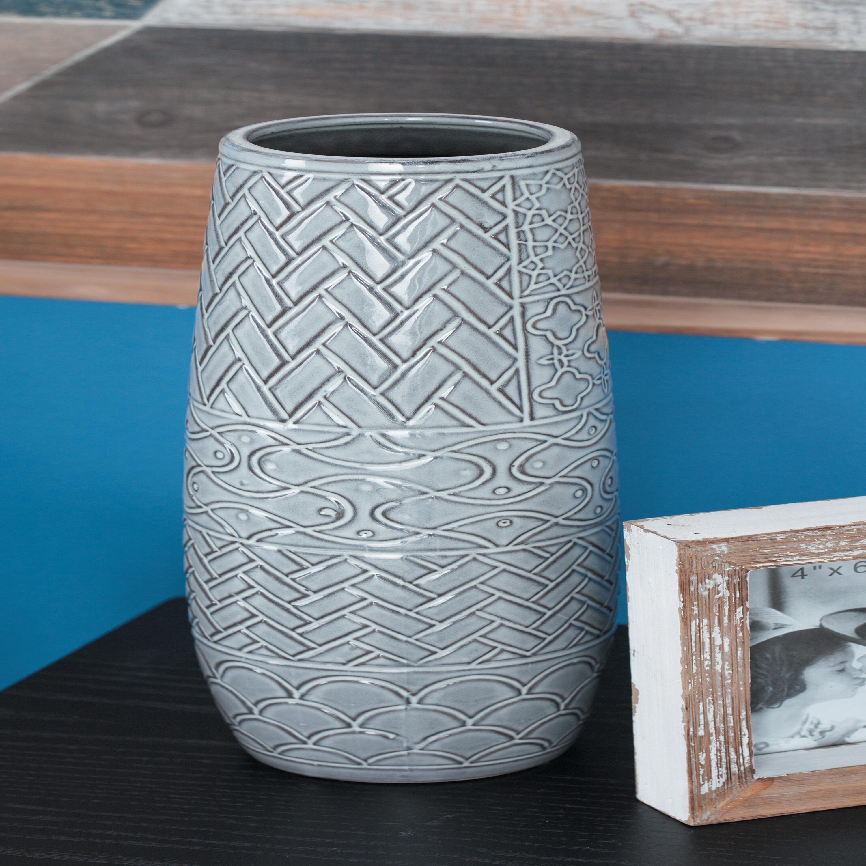 16" Gray Ceramic Floor Vase with Geometric Patterns