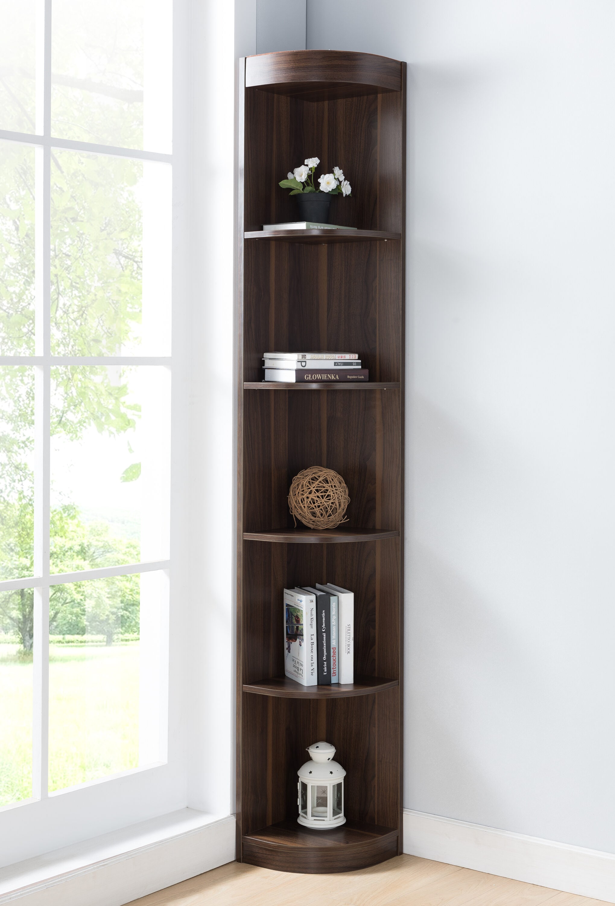 Furniture of America IDI-161740 Uvalde Dark walnut Composite 5 -Shelf Corner Bookcase ( 12-Inches W x 77-Inches H x 12-Inches D ) Finished