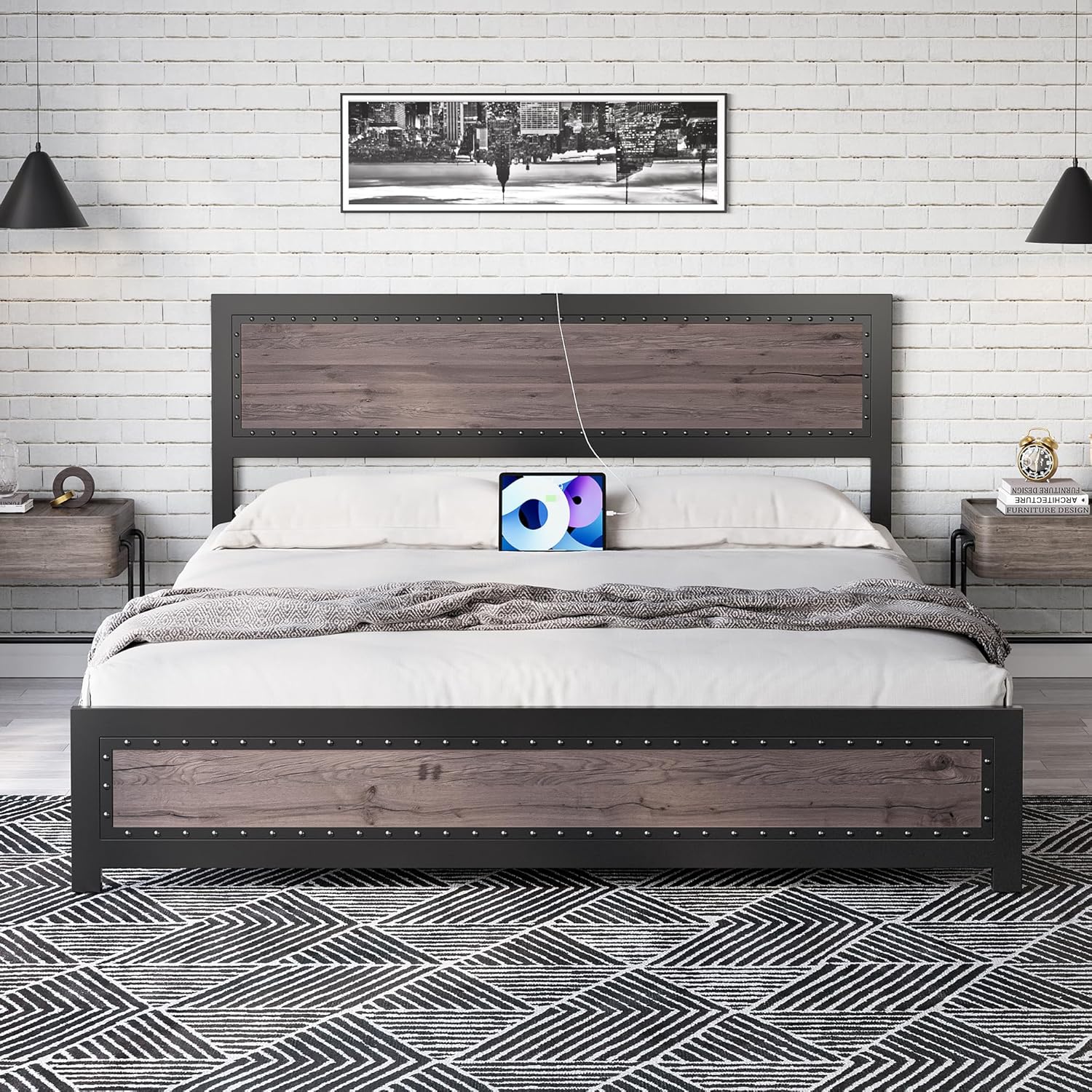 Qeetex LHF-BED-PHO-11ESE338 Full Size Bed Frame with Headboard Industrial Platform Bed Frame with Charge Station No Box Spring Needed Easy to Assemble Wooden Mattress Foundation Grey