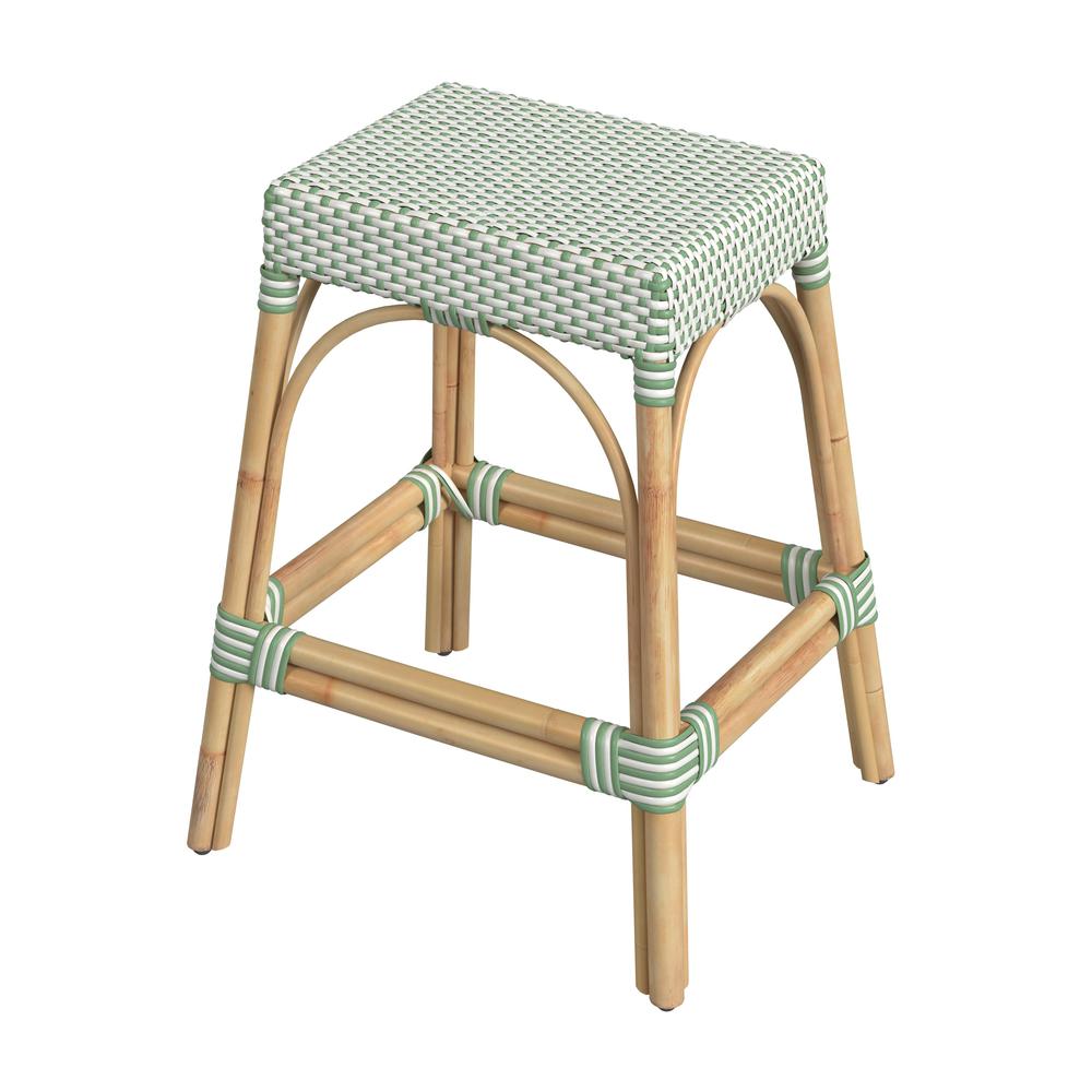 Butler Specialty 5513426 Robias Rectangular Rattan 24.5 Counter Stool White and Green Dot