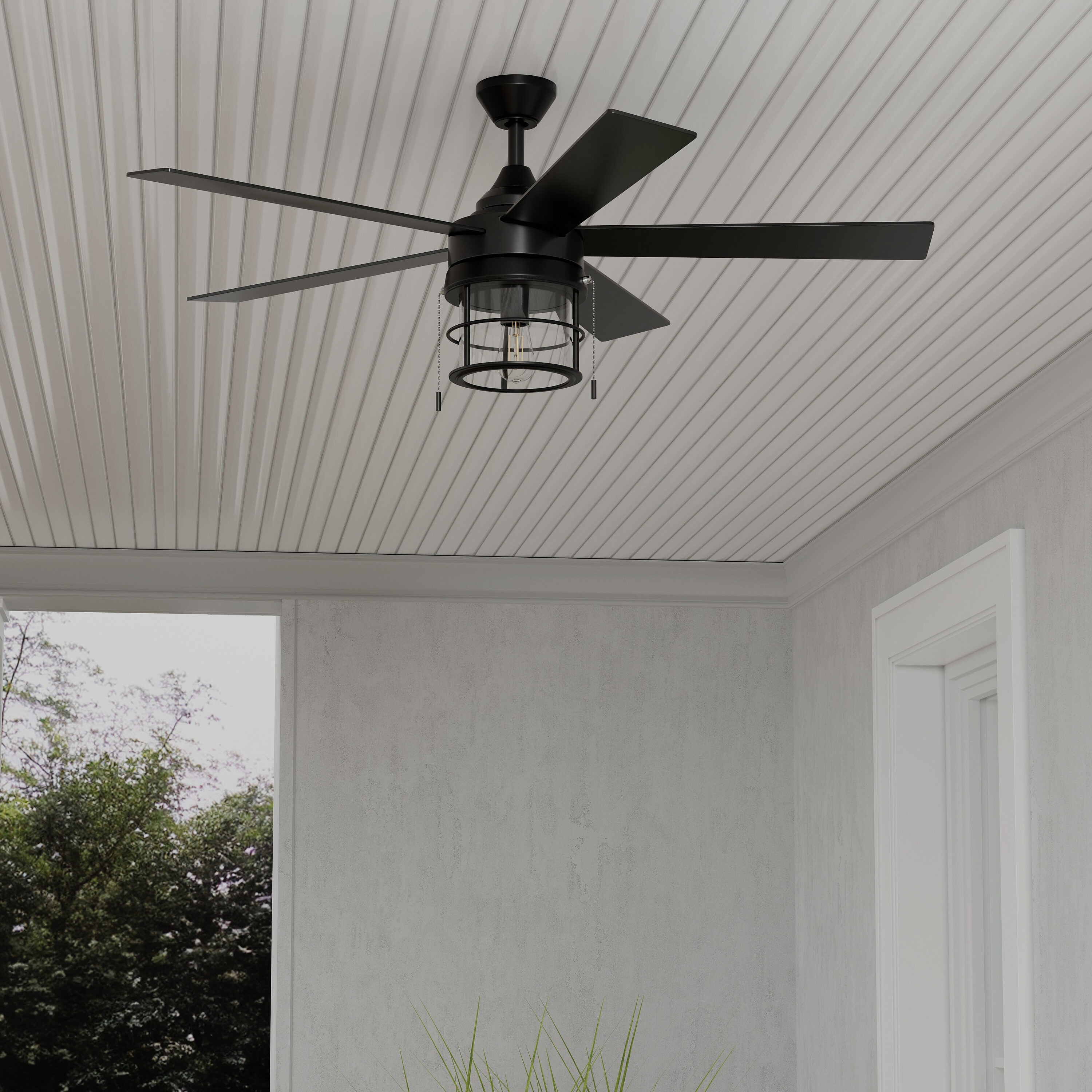 Harbor Breeze LAN52BK5L Landon Easy2Hang 52-in Outdoor Matte Black with Matte Black/Weathered Oak Blades Ceiling Fan With Light ( 5 -Blade )