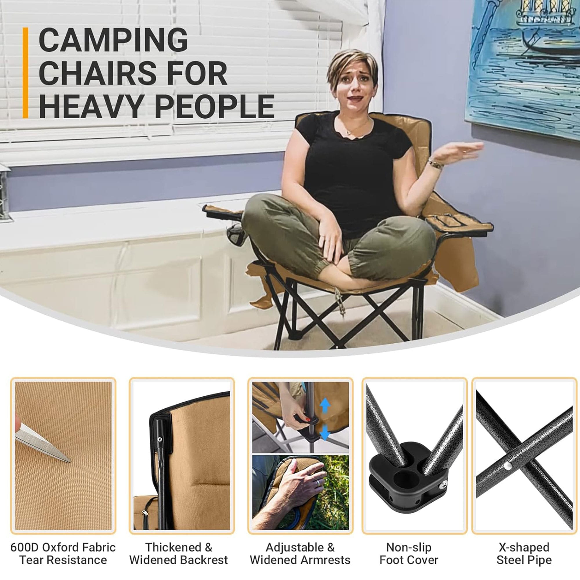 Khaki Padded Folding Camping Chair with Cupholder and Cooler