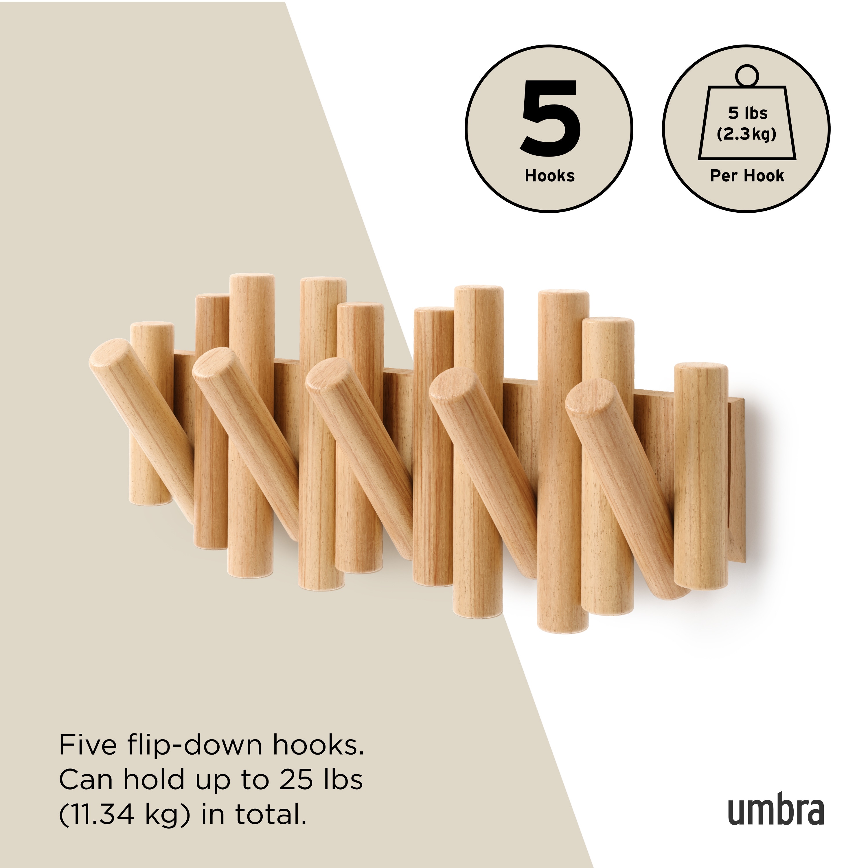 Beveled Pine Wood Wall Art with 5 Flip-Down Hooks