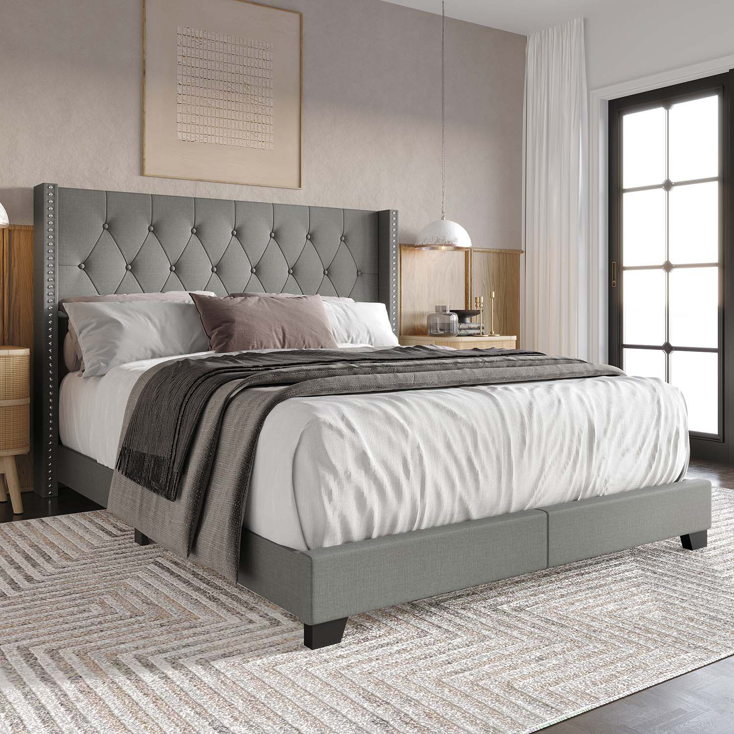 CasePiece C8403QUB-LGY-LN Light Grey Queen Wood Upholstered Bed