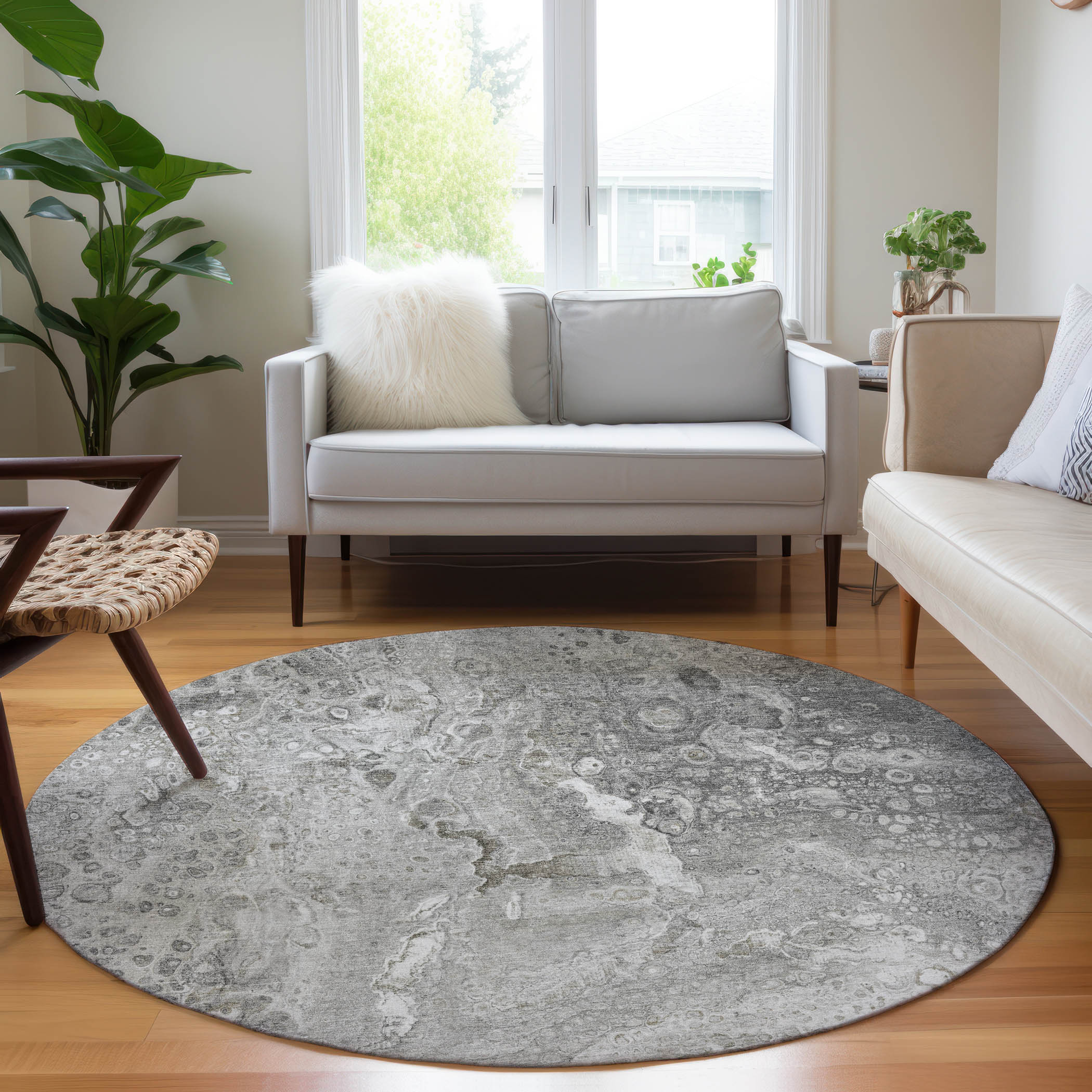 Addison Rugs ACN588SV8RO Chantille ACN588SV 8 x 8 (ft) Polyester Silver Round Indoor/Outdoor Abstract Machine washable Area rug