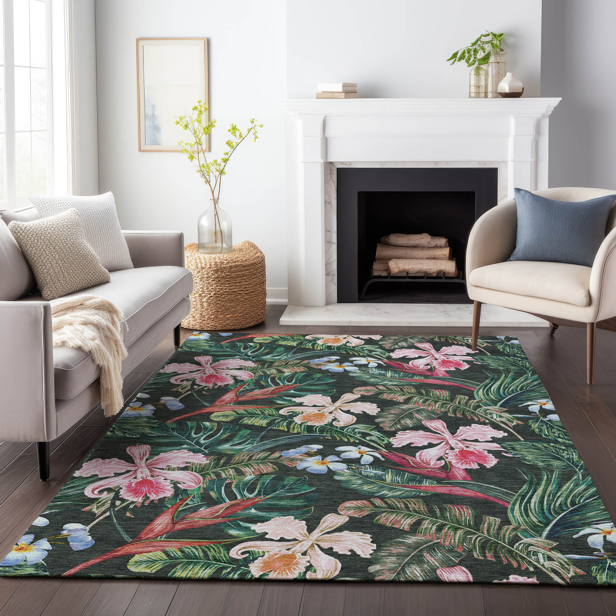 8' x 10' Red Synthetic Floral Washable Rug