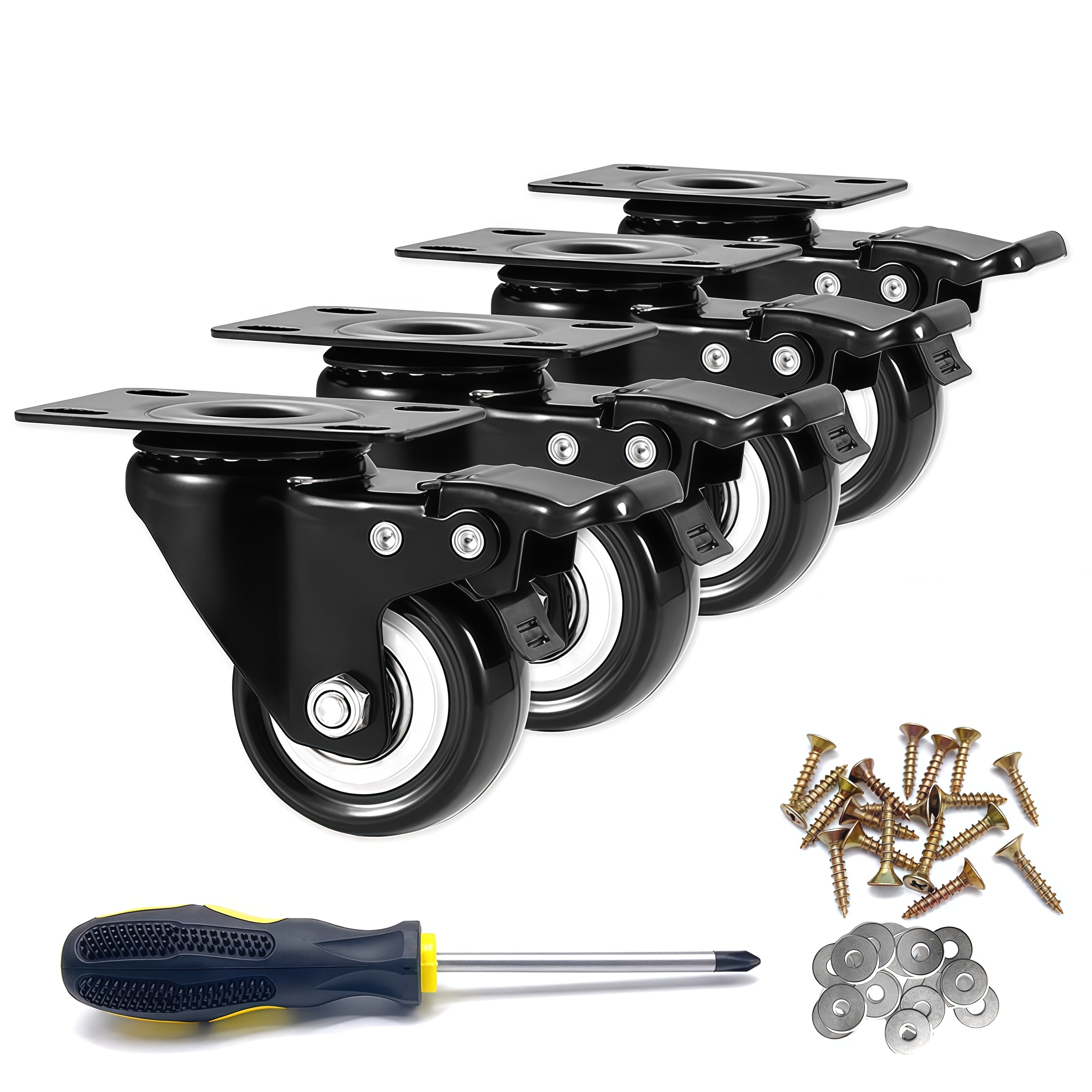 Numhew 2in W 4-Pack Heavy Duty Swivel Locking Non Marking Black Caster Wheels with Top Plate for Cart Furniture Workbench