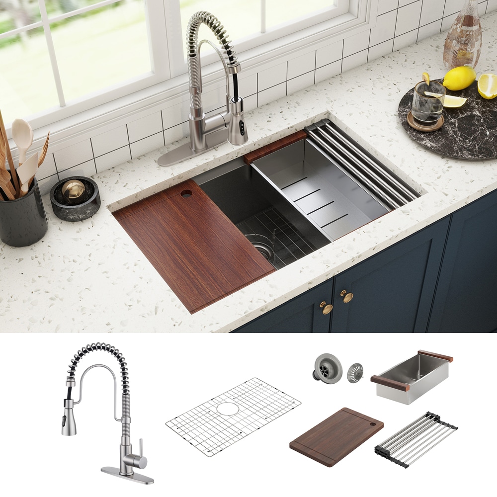 CASAINC KCSL0004-FS30BN Undermount 30-in x 19-in Stainless steel Single bowl 16 -Gauge Workstation Kitchen Sink All-in-One Kit with Drainboard