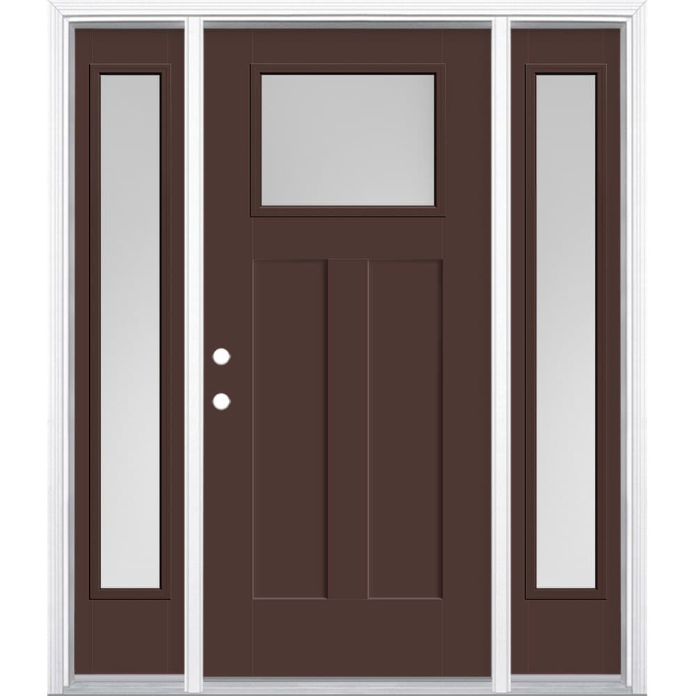 Masonite 629102 64-in x 80-in x 4-9/16-in Fiberglass Craftsman Right-hand inswing Chocolate Painted Prehung Front Door with Sidelights with Brickmould Insulating core