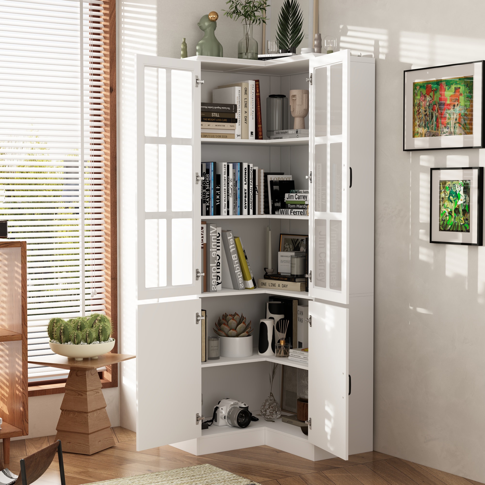 FUFU GAGA White MDF 5 Shelf Corner Bookcase with Doors 31.5 Inches W x 78.9 Inches H x 31.5 Inches D Finished KF020489 01 02