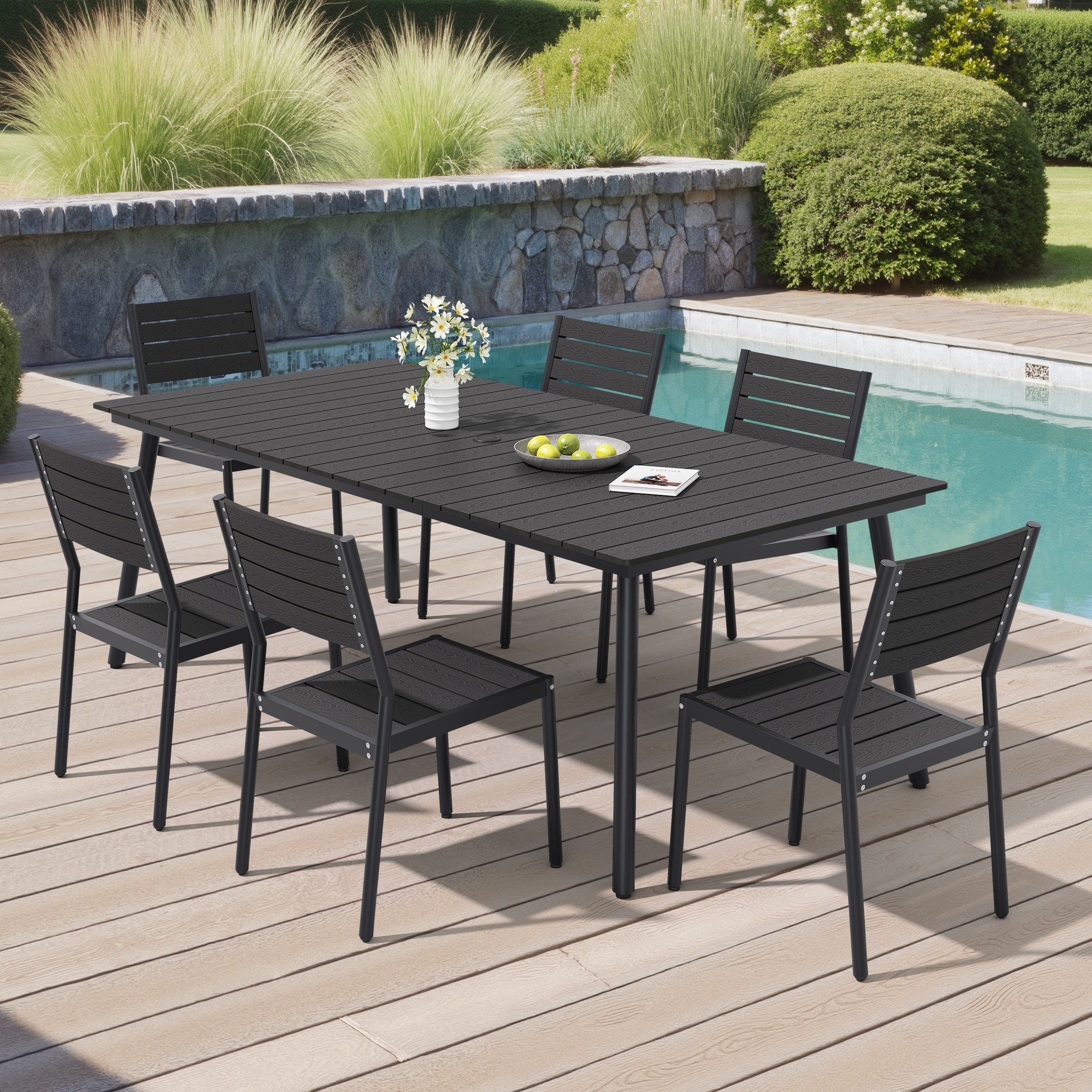Pellebant 9 -Piece Black Patio Dining Set Aluminum Rectangle Table with 8 Black Stackable Stationary Chairs