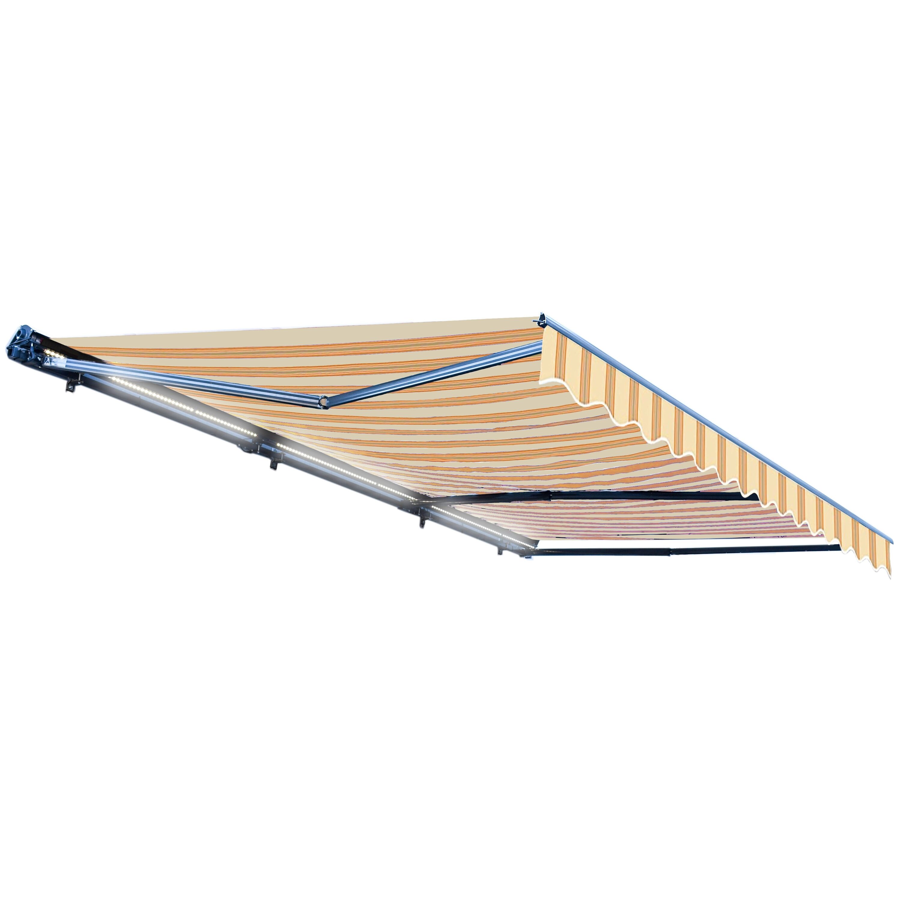 Yellow Striped Motorized Retractable Patio Awning with LED Lights