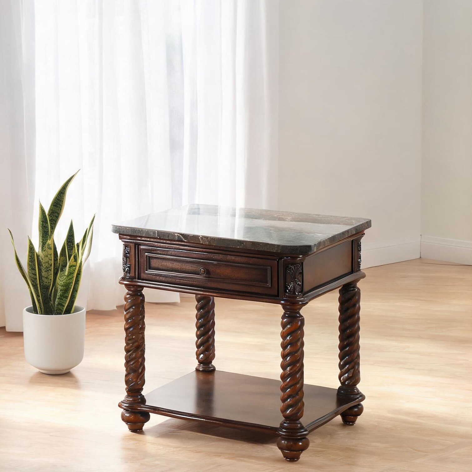 chillscreamni - 26 Square Marble Top End Table with Drawer and Shelf Traditional Mahogany Finish