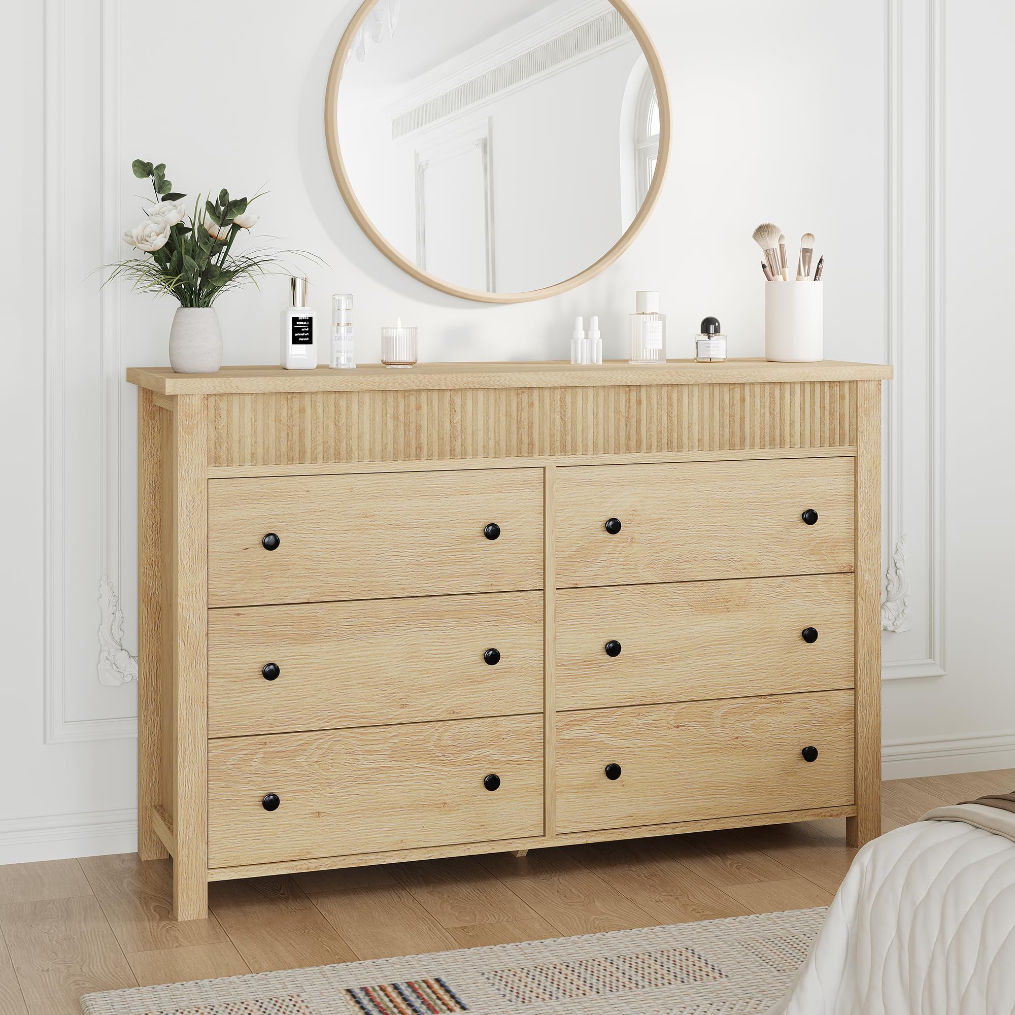 Garvee Fluted 6 Drawer Wooden Dresser Nightstand Storage Chest Bedroom Living Room Hallway Entryway Organizer Table