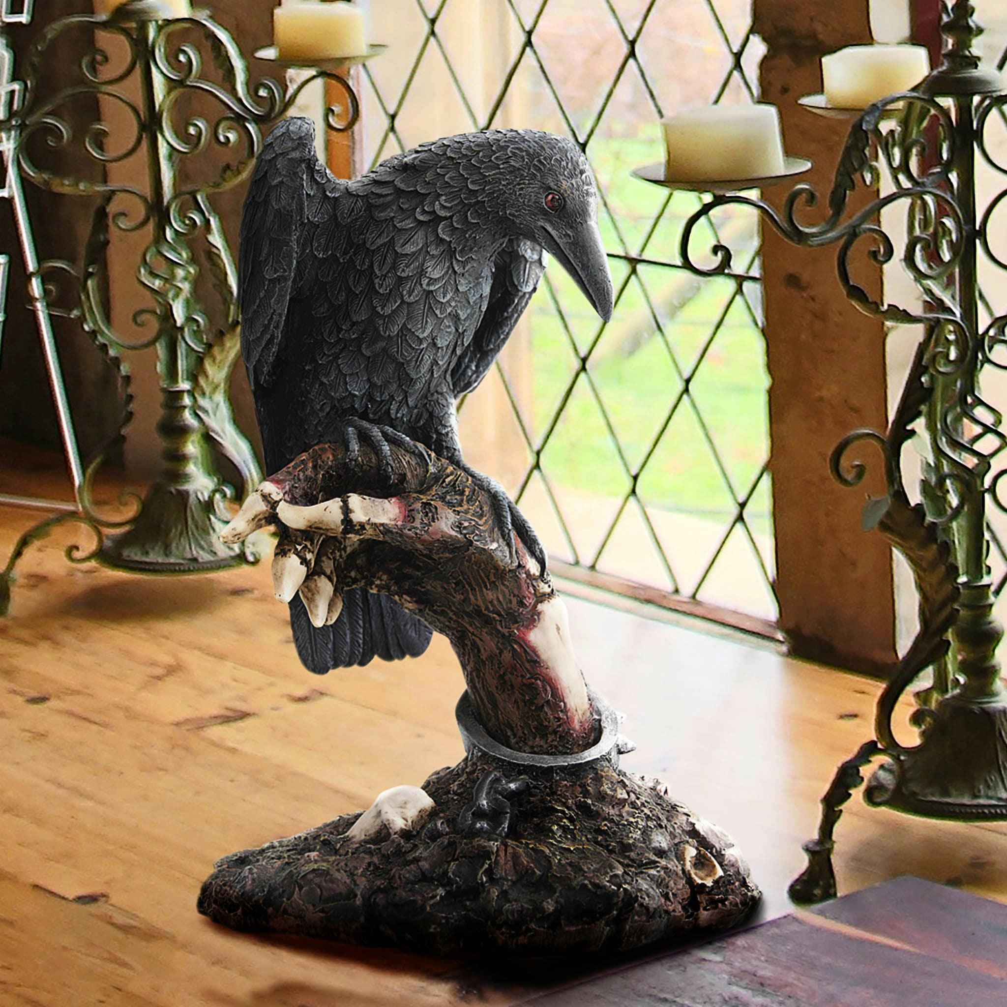 Eerie Zombie Hand with Black Raven Resin Sculpture