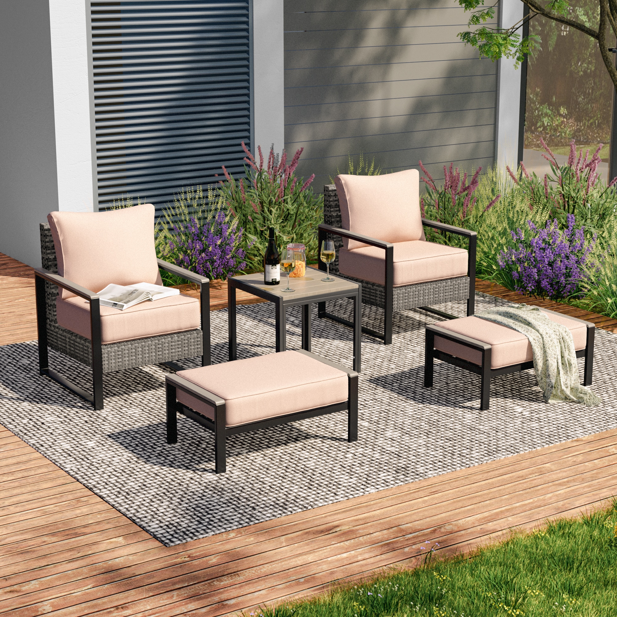 ACEGOSES LW-115HBG Sereno 5 -Piece Wicker Patio Conversation Set with Tan Cushions