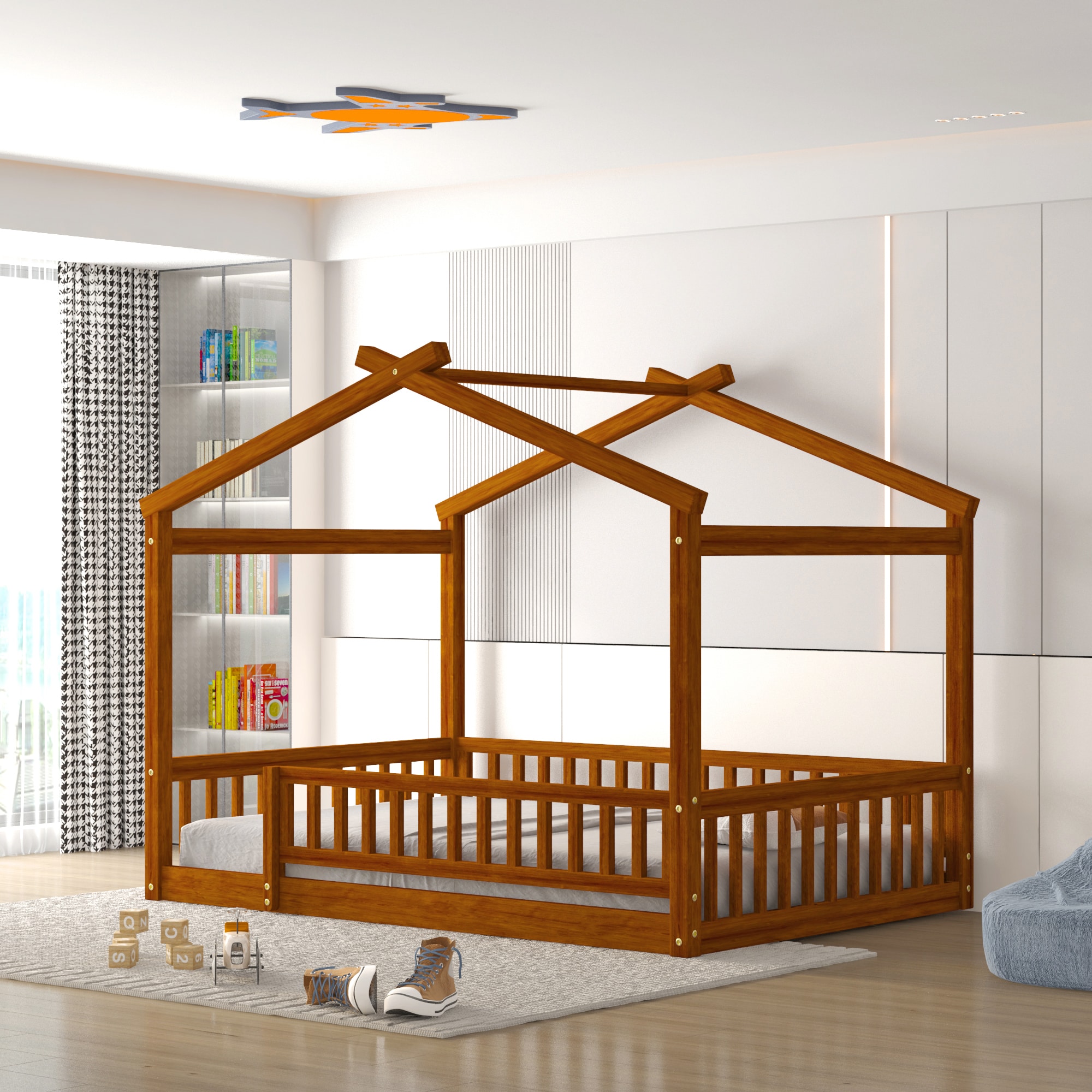 Bellemave Twin Over Full House Shaped Wooden Bunk Bed with Storage Stair Slide Roof and Windows Low Profile Bottom Bed for Children and Teenagers Beige